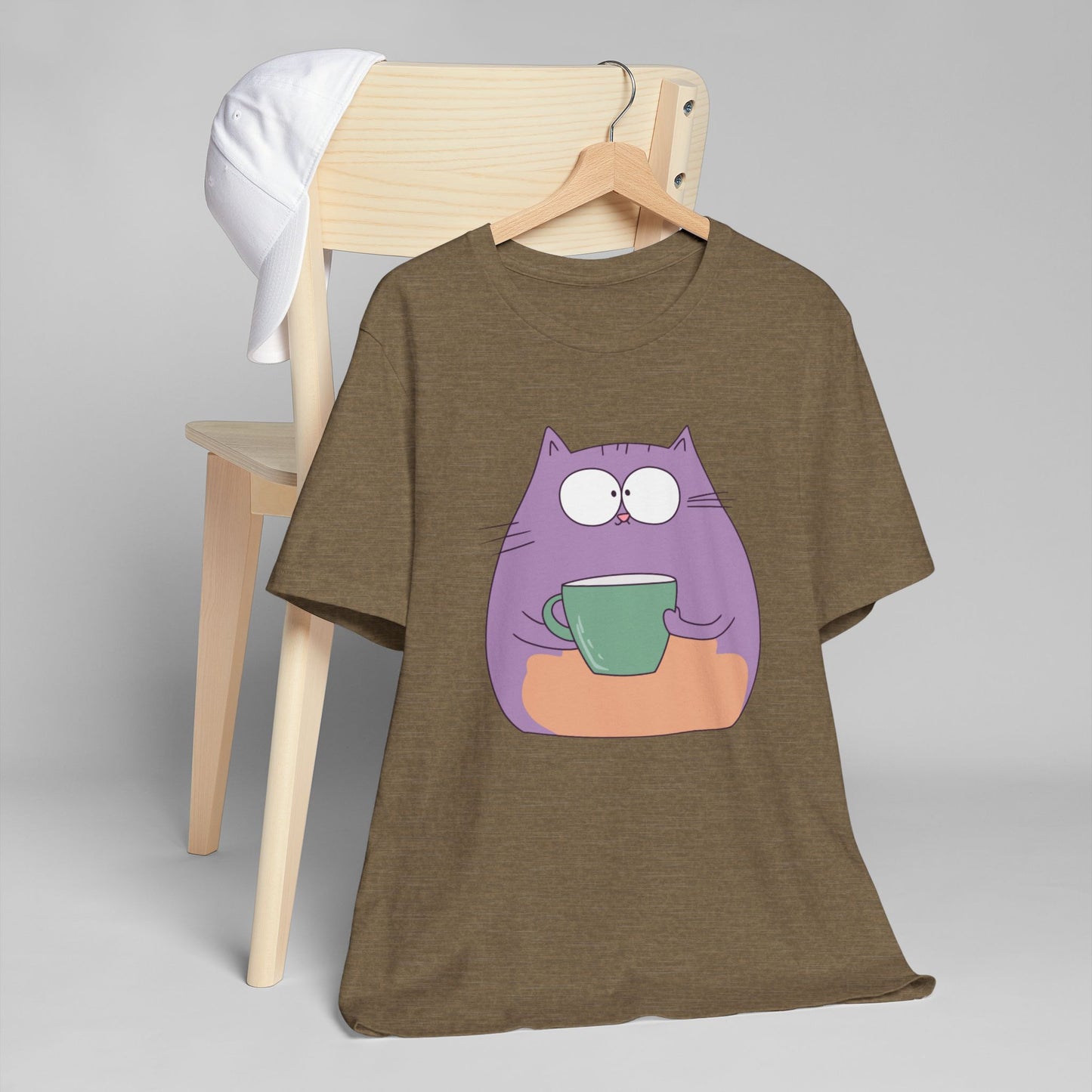 Purple Coffee Cat T-Shirt – Funny Cartoon Kitty with Coffee Mug Graphic Tee for Coffee Lovers (USA Only)