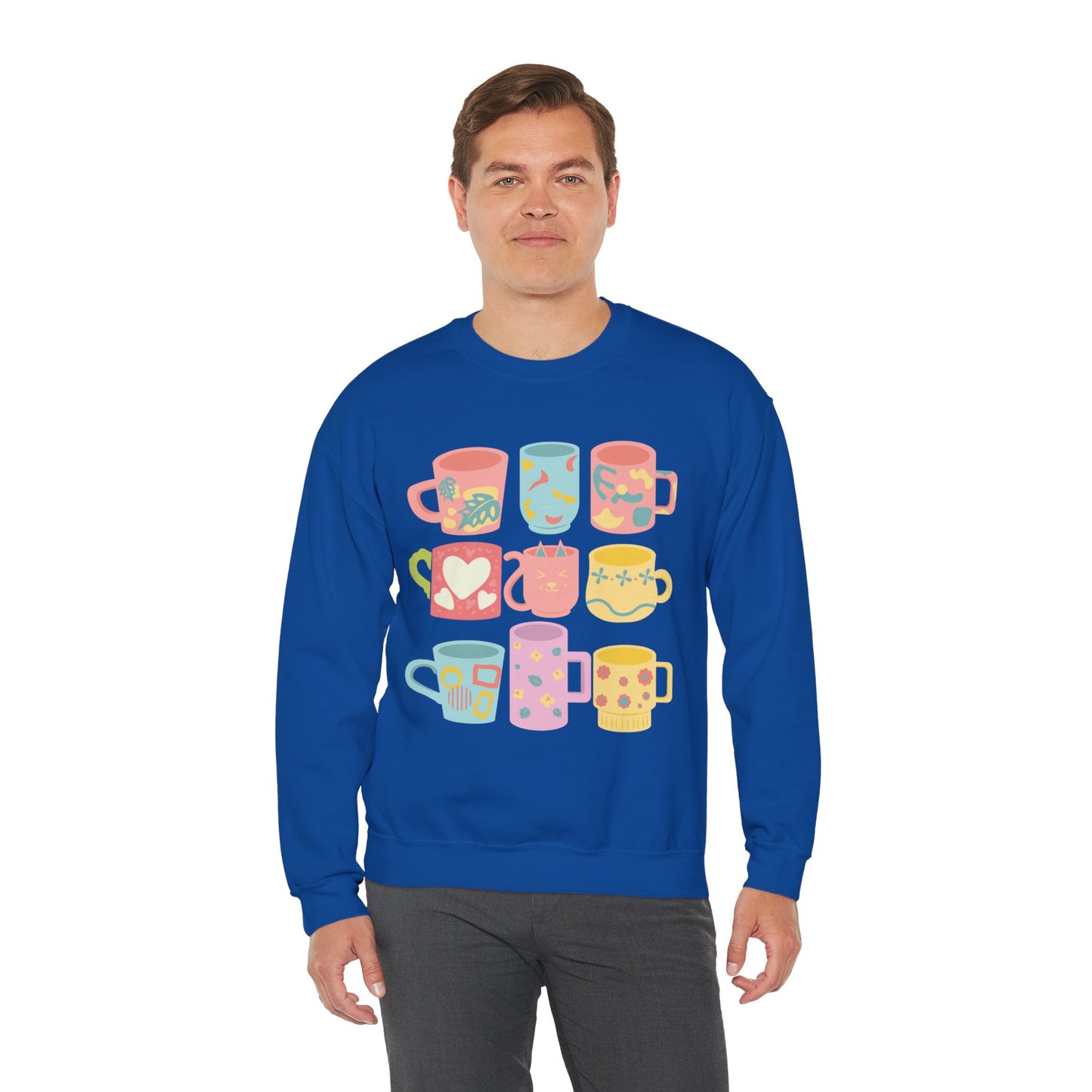 ☕ Pastel Coffee Mugs Sweatshirt USA | Colorful Unisex Sweater for Coffee Lovers