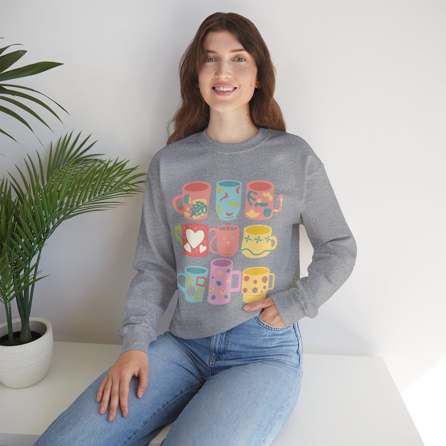 ☕ Pastel Coffee Mugs Sweatshirt USA | Colorful Unisex Sweater for Coffee Lovers