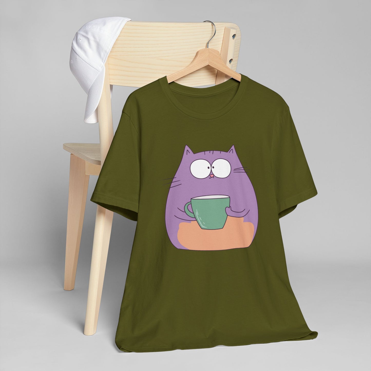 Purple Coffee Cat T-Shirt – Funny Cartoon Kitty with Coffee Mug Graphic Tee for Coffee Lovers (USA Only)