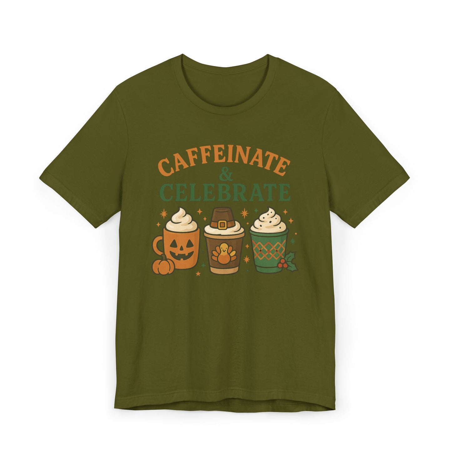 ππ¦π Caffeinate & Celebrate Unisex T-Shirt USA | Holiday Coffee Tee