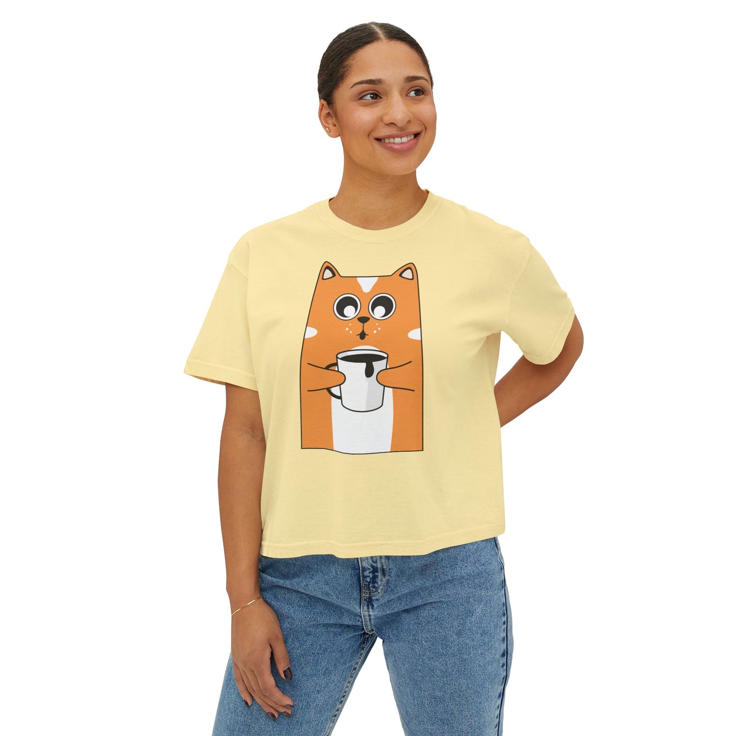 Cute Cat Boxy Tee, Women's Casual Top, Funny Animal Shirt, Gift for Cat Lovers, Lightweight Cotton Tee
