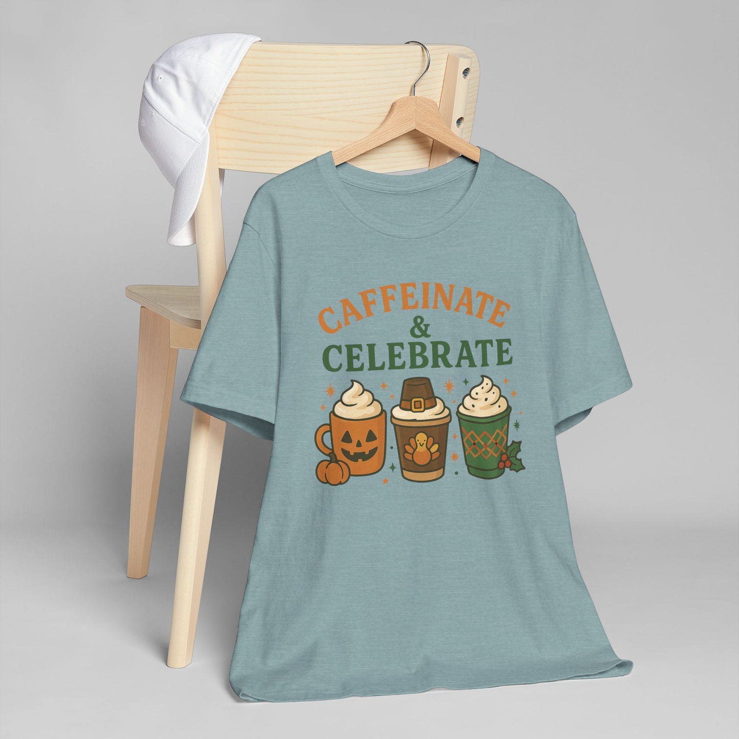 ππ¦π Caffeinate & Celebrate Unisex T-Shirt USA | Holiday Coffee Tee