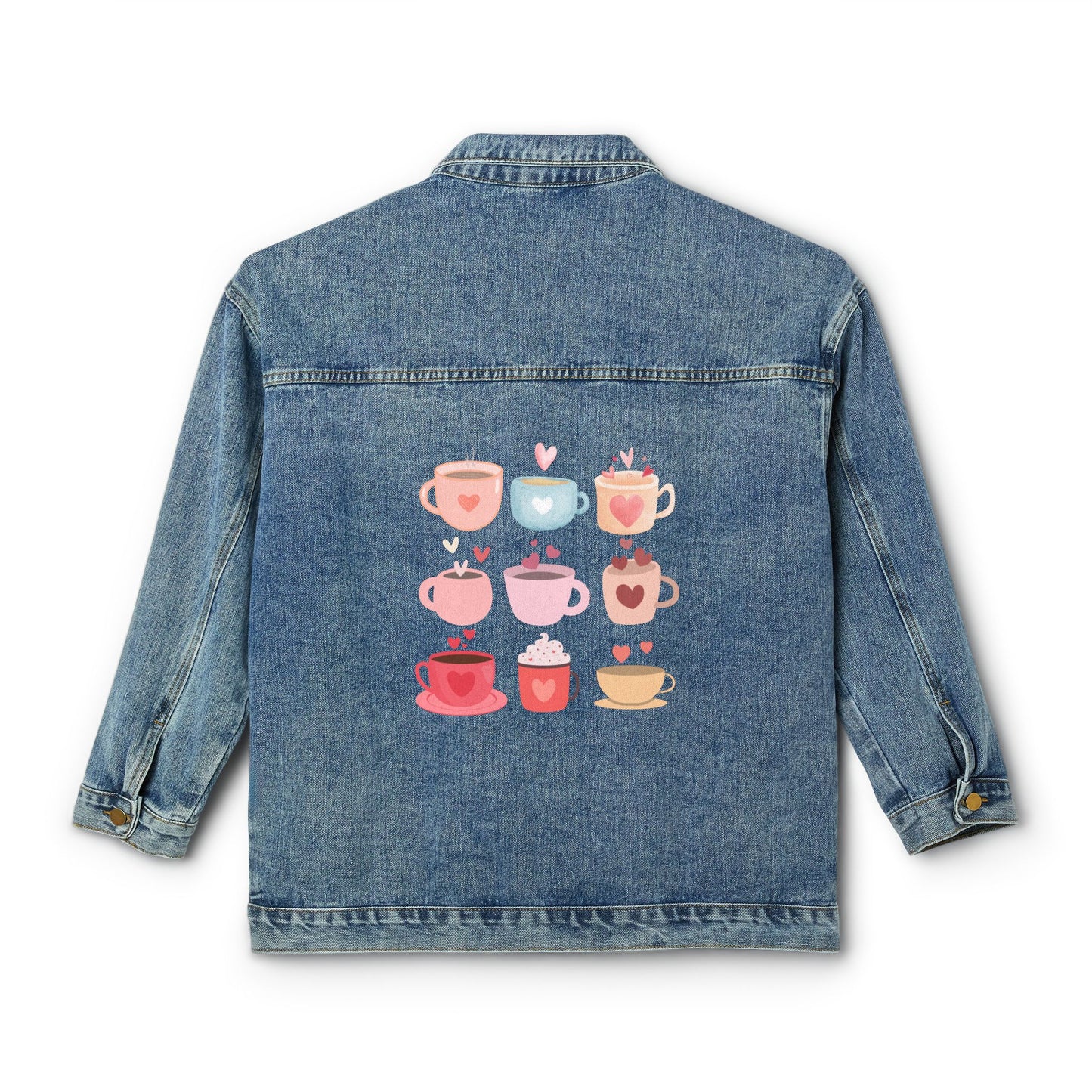 ☕💖 Coffee Love Denim Jacket USA | Women’s Jean Jacket with Colorful Mugs