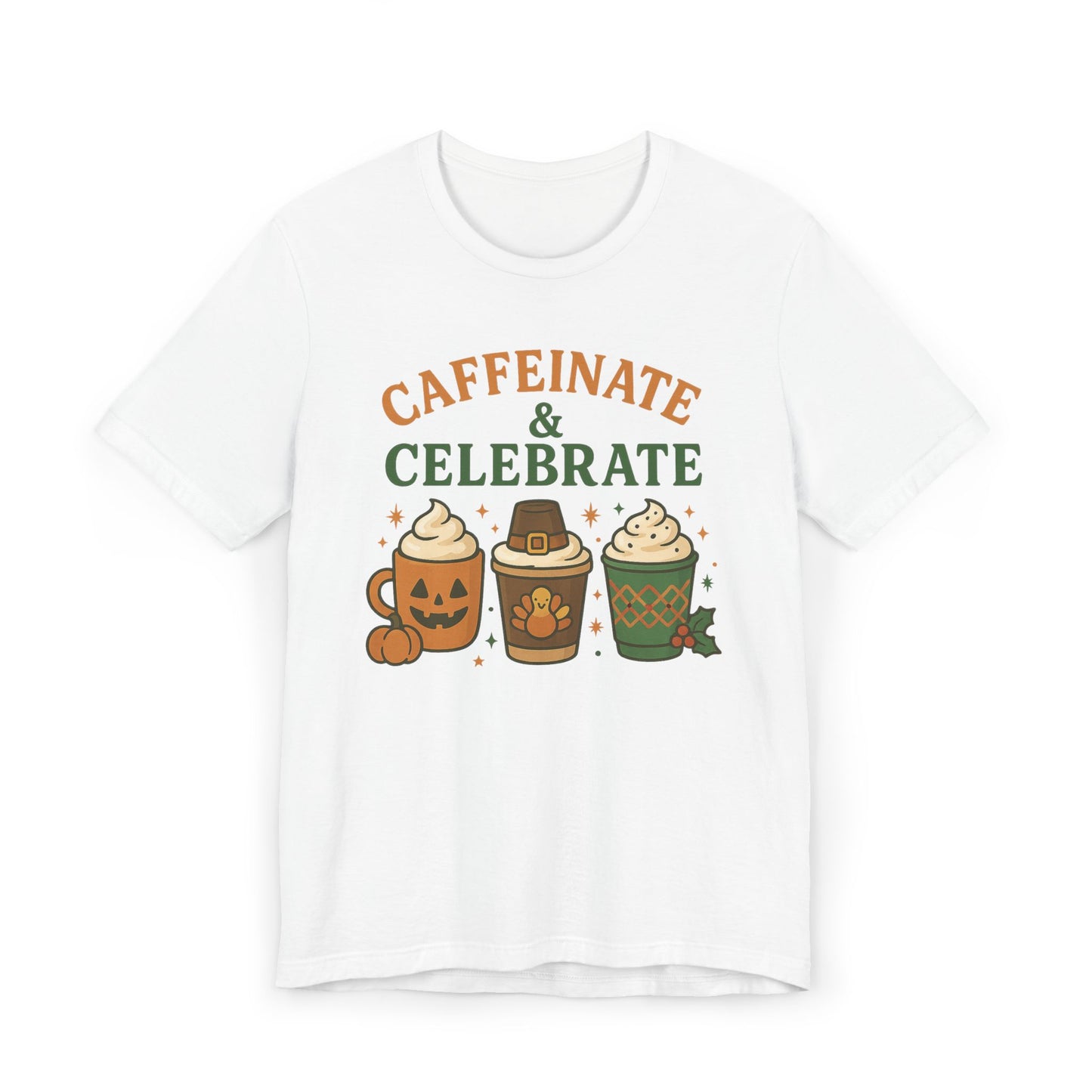 ππ¦π Caffeinate & Celebrate Unisex T-Shirt USA | Holiday Coffee Tee