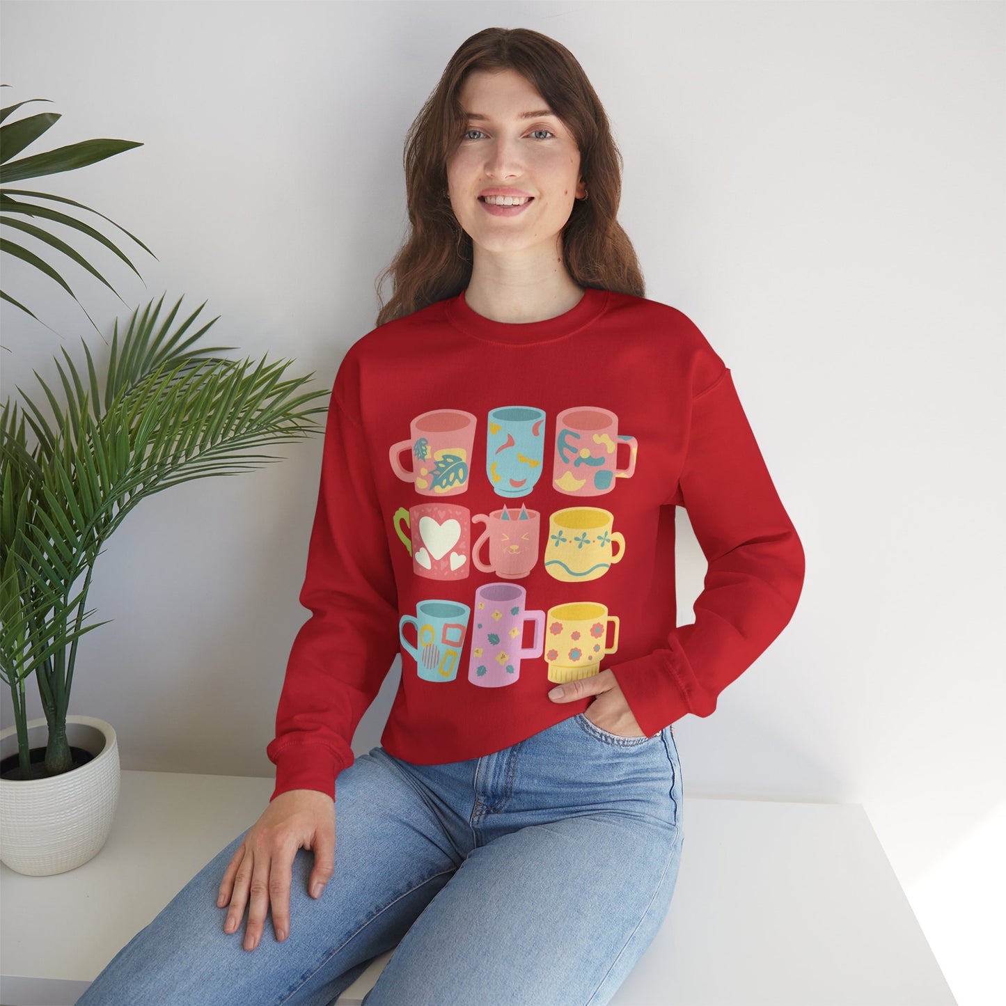 ☕ Pastel Coffee Mugs Sweatshirt USA | Colorful Unisex Sweater for Coffee Lovers