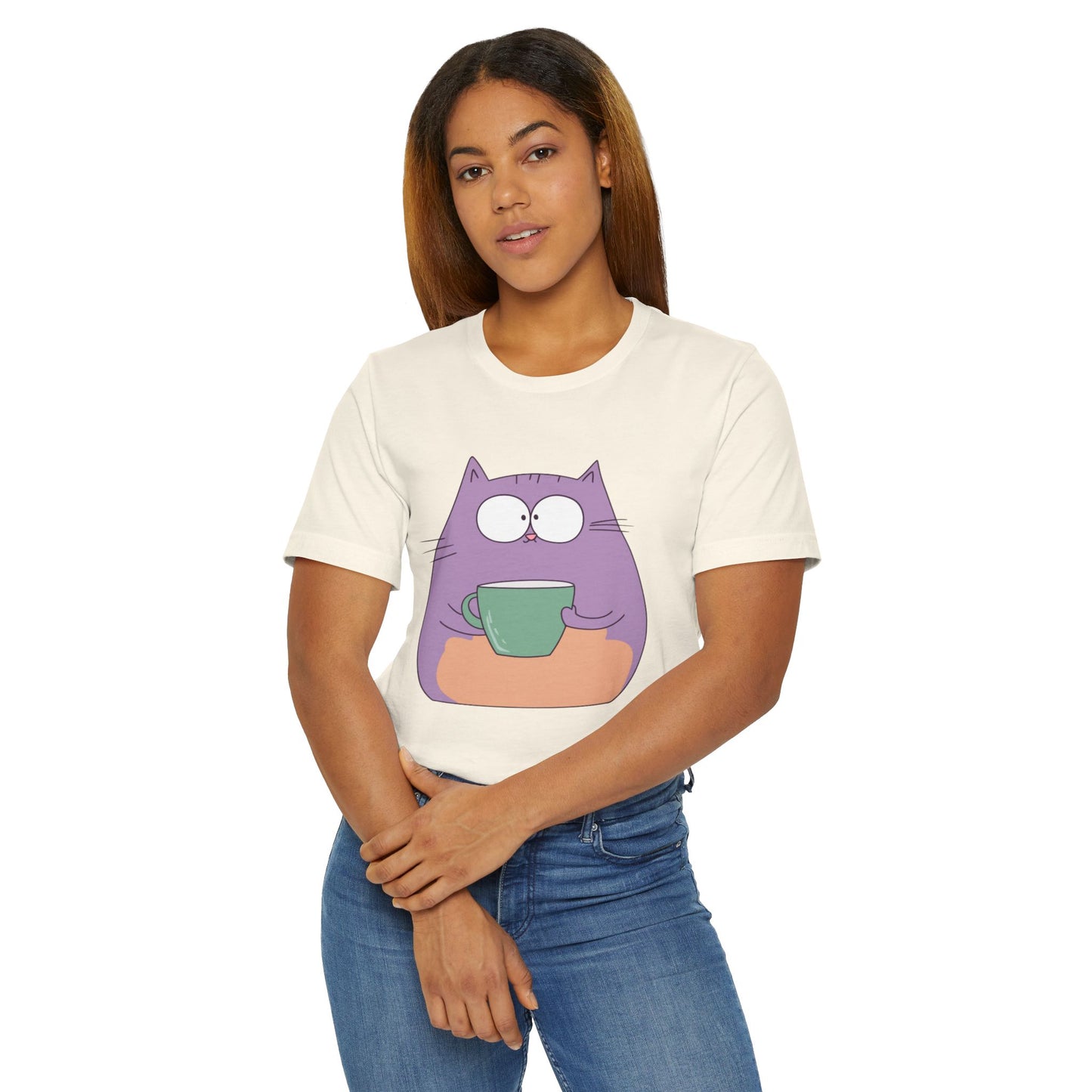 Purple Coffee Cat T-Shirt – Funny Cartoon Kitty with Coffee Mug Graphic Tee for Coffee Lovers (USA Only)