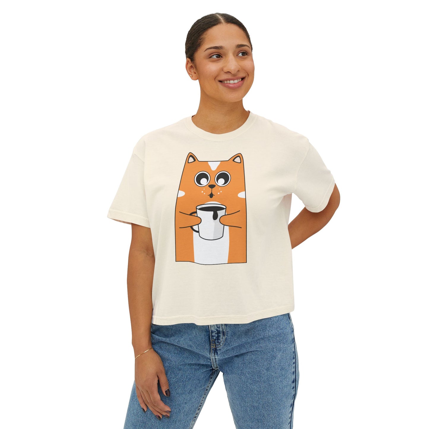 Cute Cat Boxy Tee, Women's Casual Top, Funny Animal Shirt, Gift for Cat Lovers, Lightweight Cotton Tee
