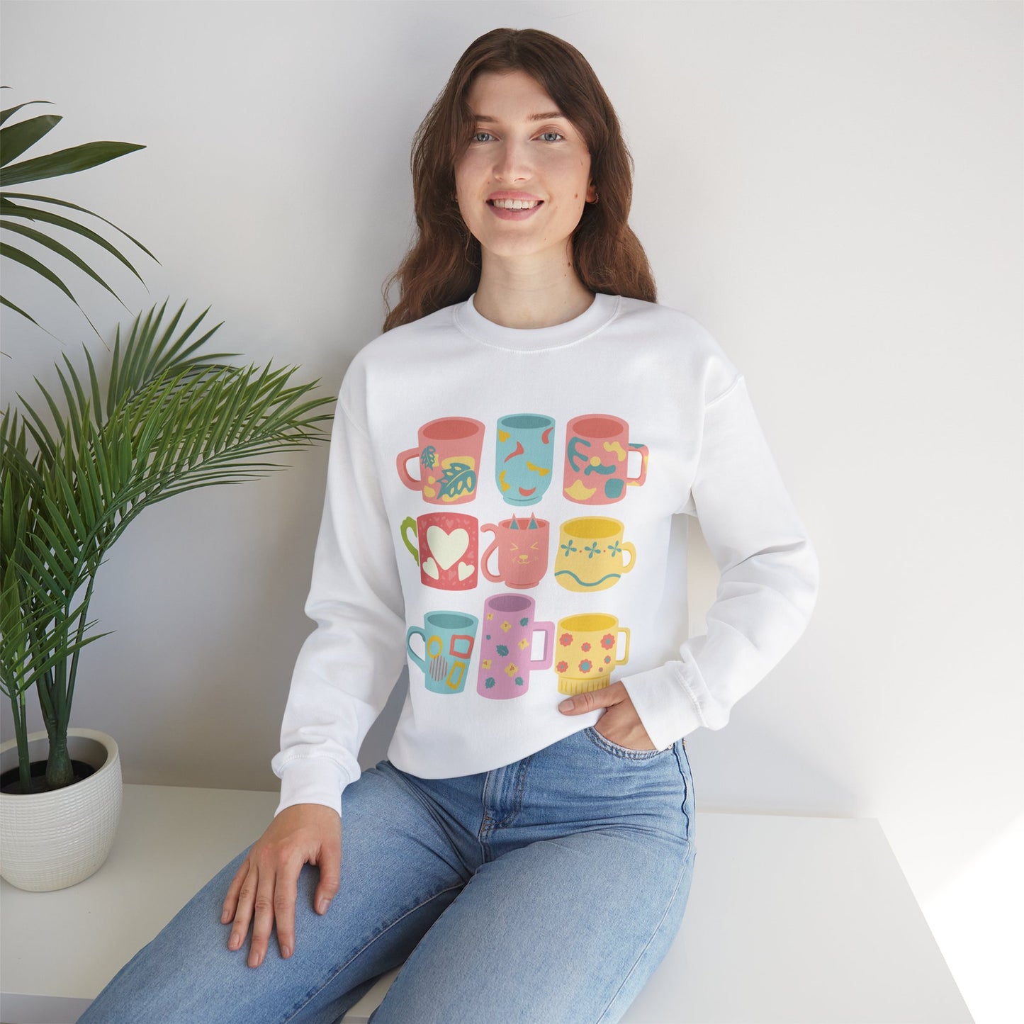 ☕ Pastel Coffee Mugs Sweatshirt USA | Colorful Unisex Sweater for Coffee Lovers