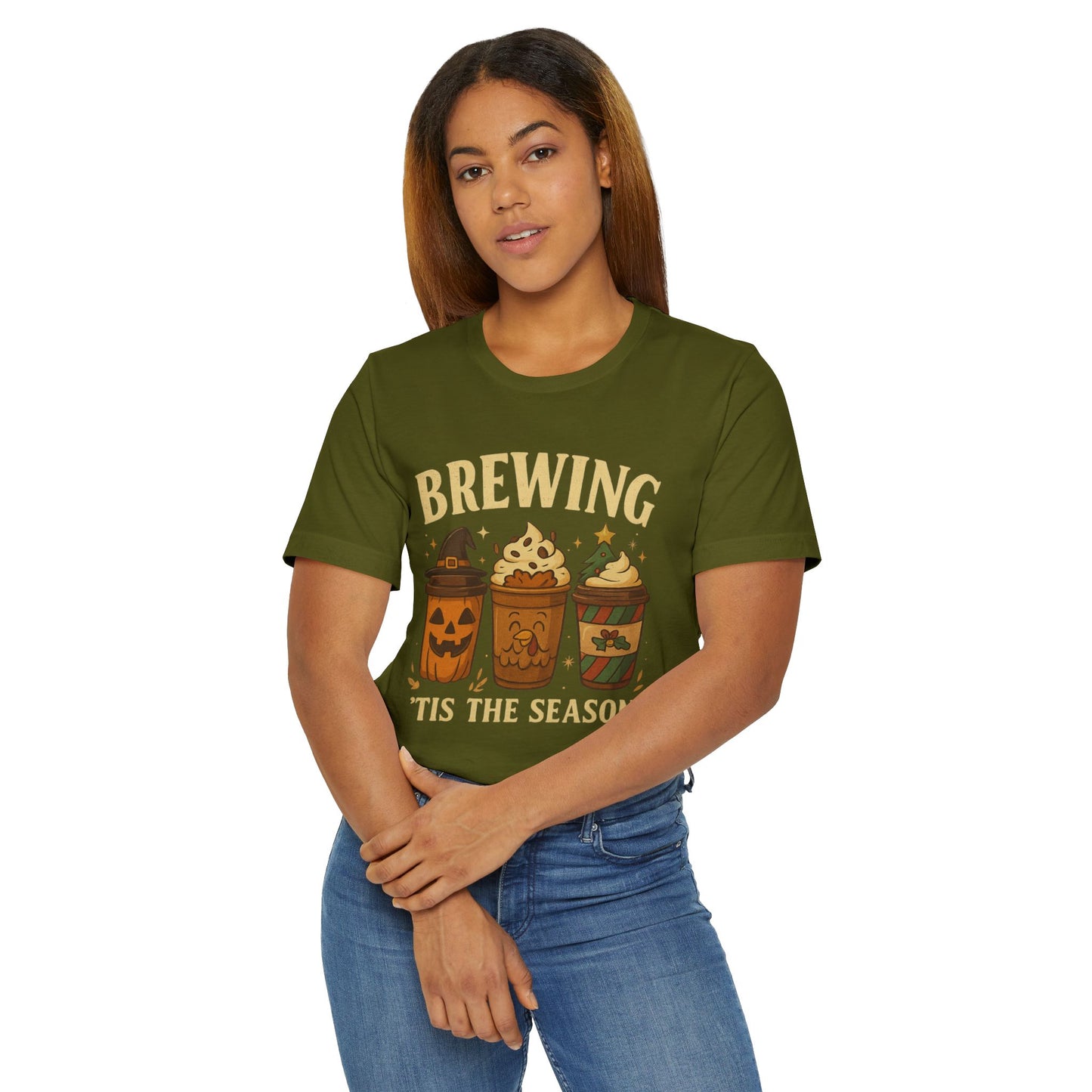 🎃🎄 Brewing ’Tis the Season Unisex T-Shirt USA | Holiday Coffee Tee