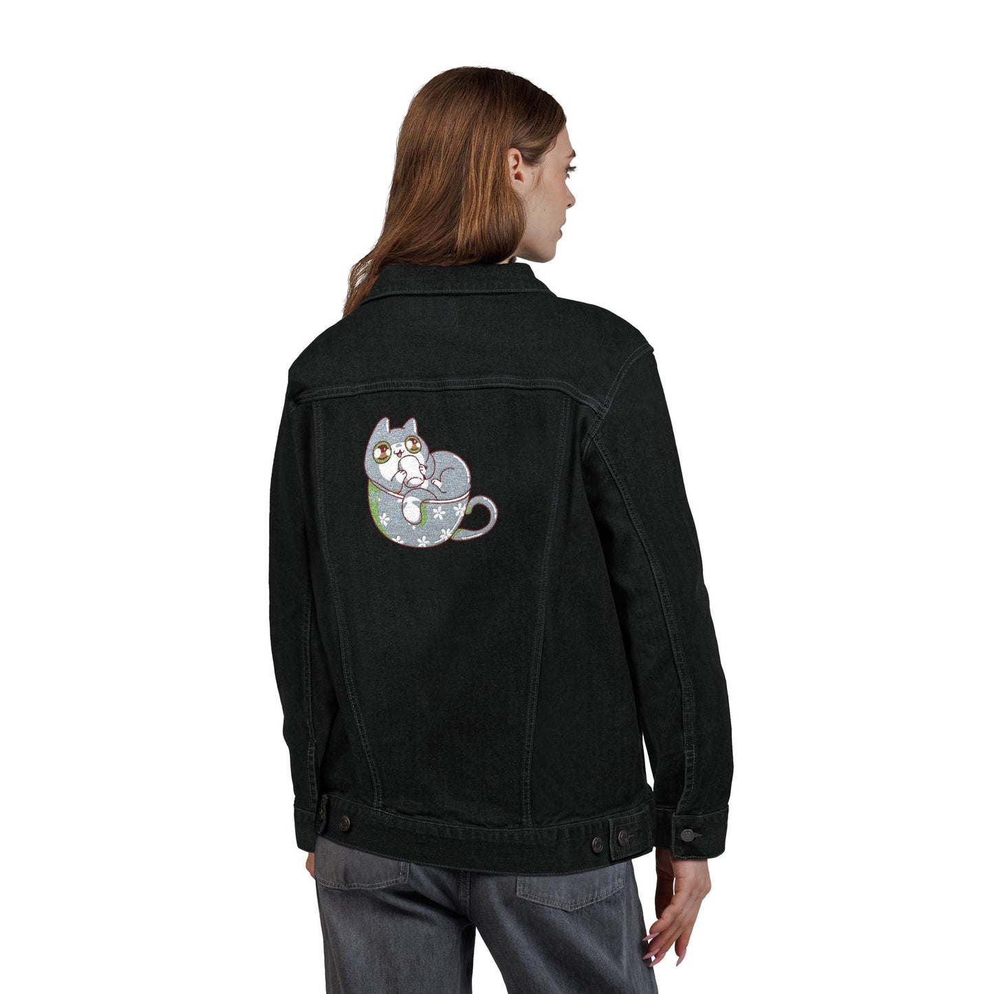 Cozy Cat Coffee Denim Jacket – Unisex Embroidered Style (USA Only)