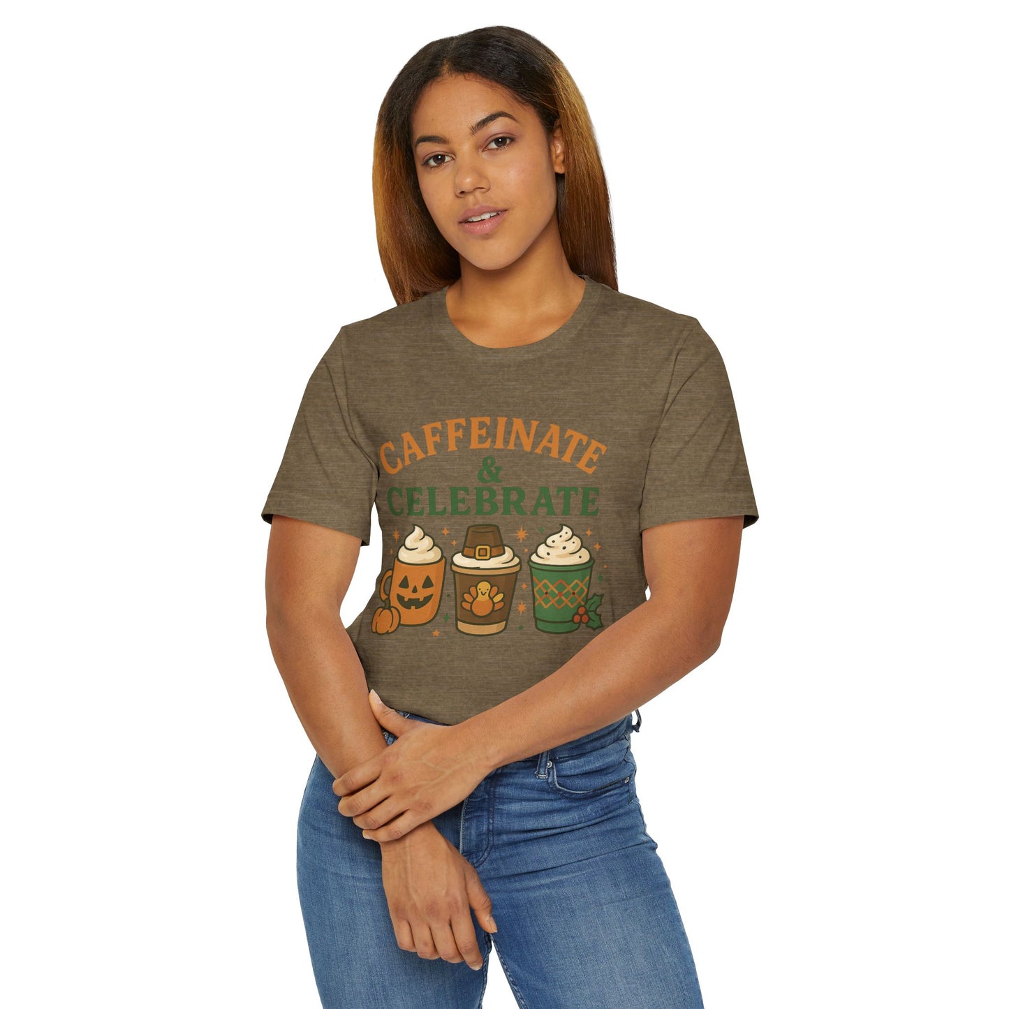 ππ¦π Caffeinate & Celebrate Unisex T-Shirt USA | Holiday Coffee Tee