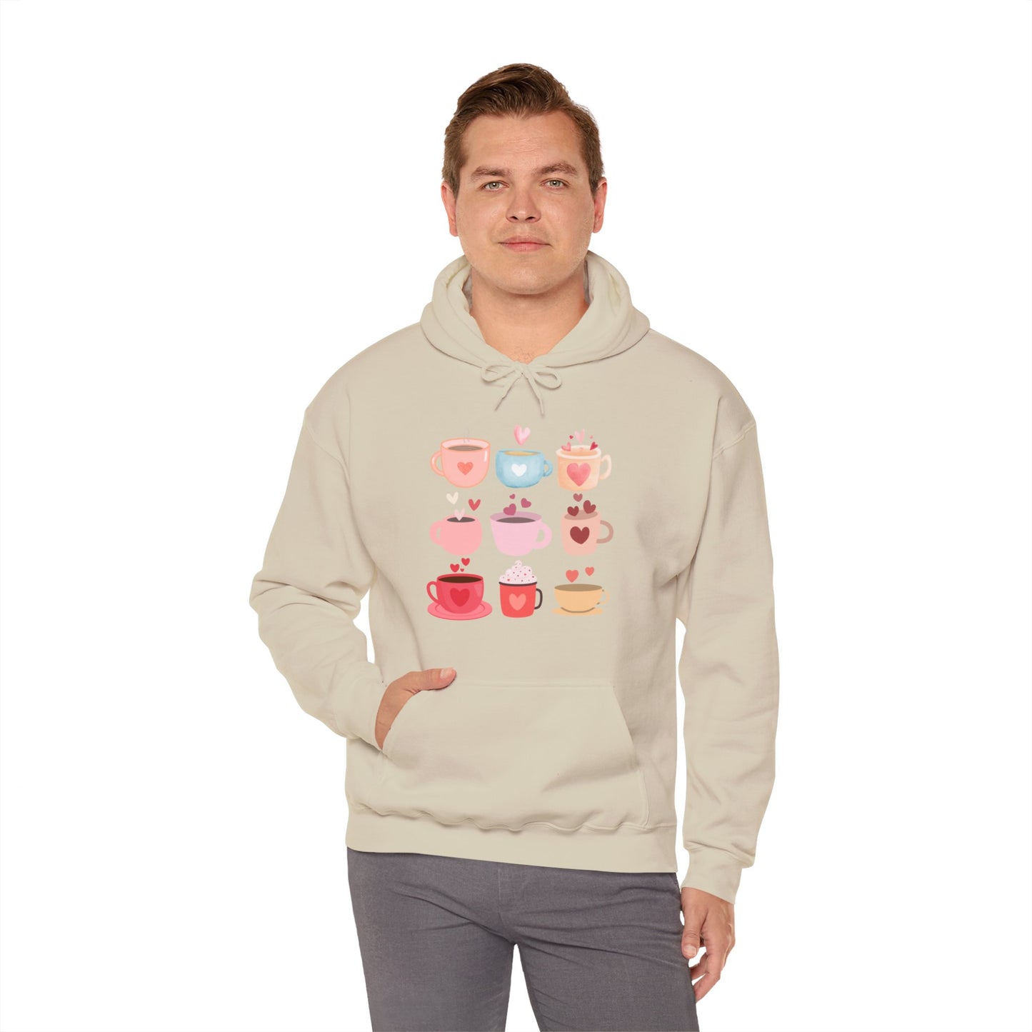 Coffee Love Cups Hoodie (Unisex) – Cute Heart Coffee Mug Graphic Hoodie for Coffee Lovers (USA Only)