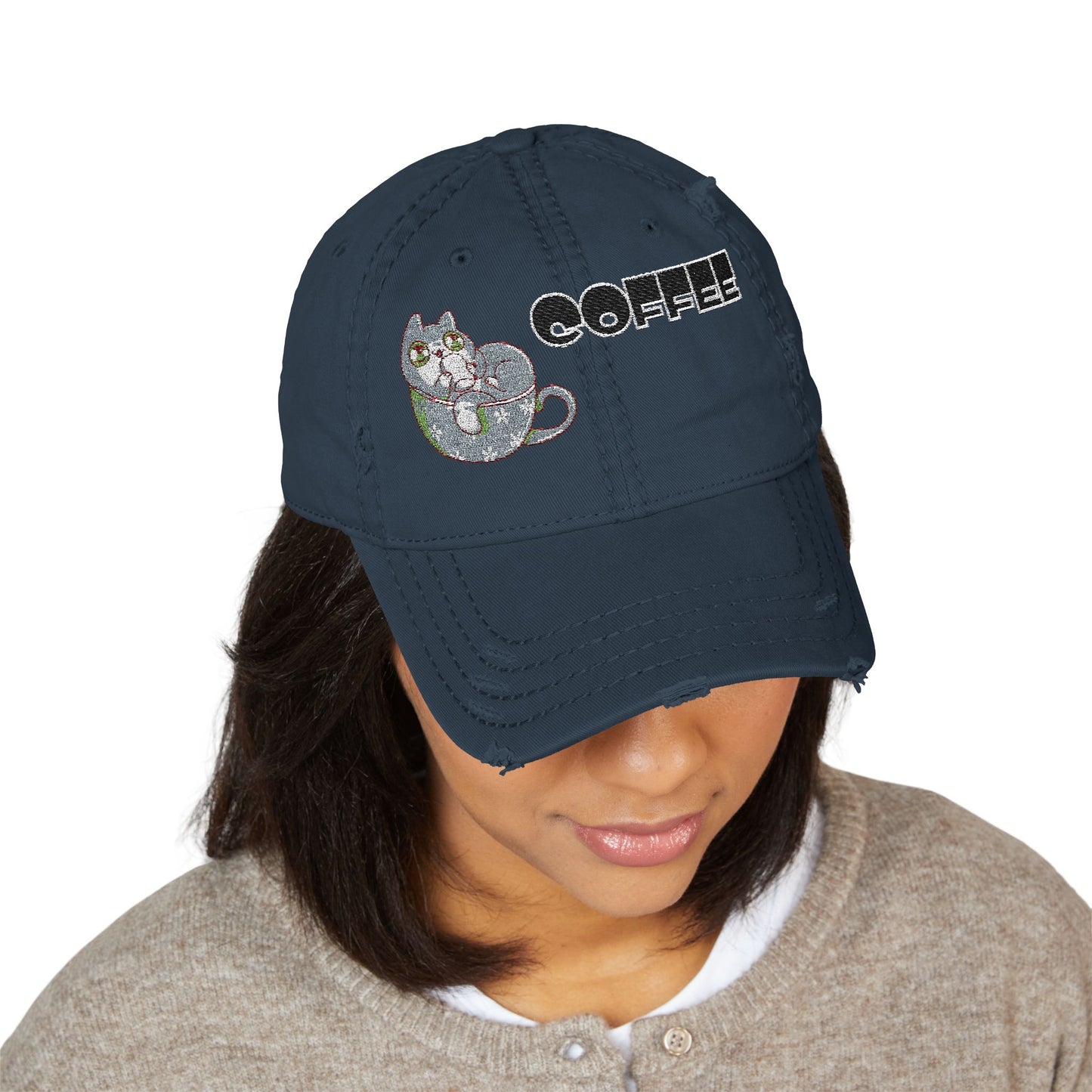 Coffee Cat Distressed Dad Hat – Casual Embroidered Style (USA Only)