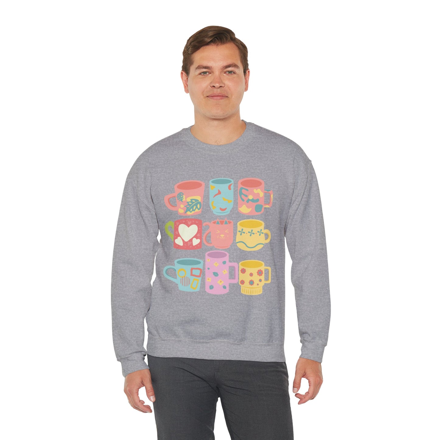 ☕ Pastel Coffee Mugs Sweatshirt USA | Colorful Unisex Sweater for Coffee Lovers