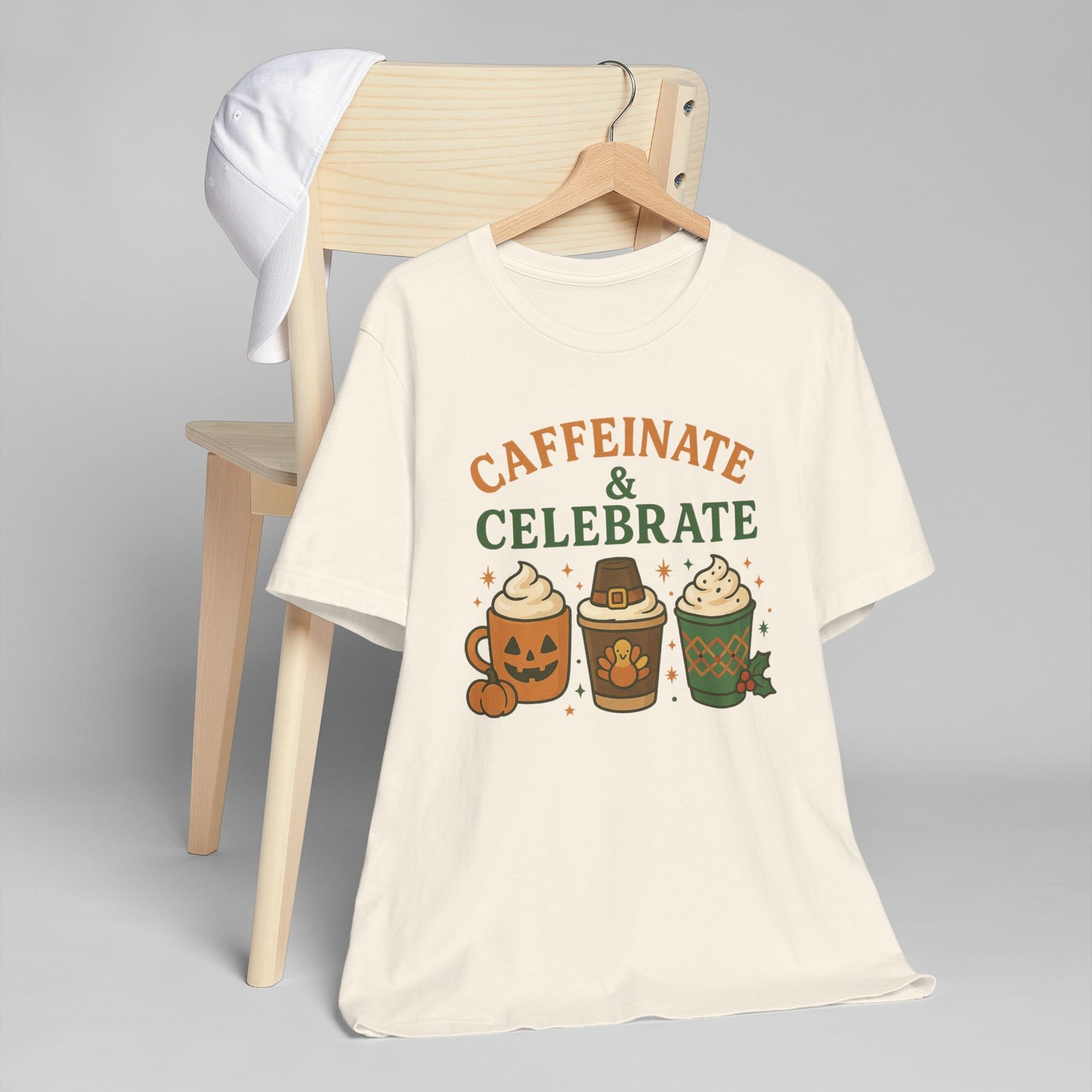 ππ¦π Caffeinate & Celebrate Unisex T-Shirt USA | Holiday Coffee Tee