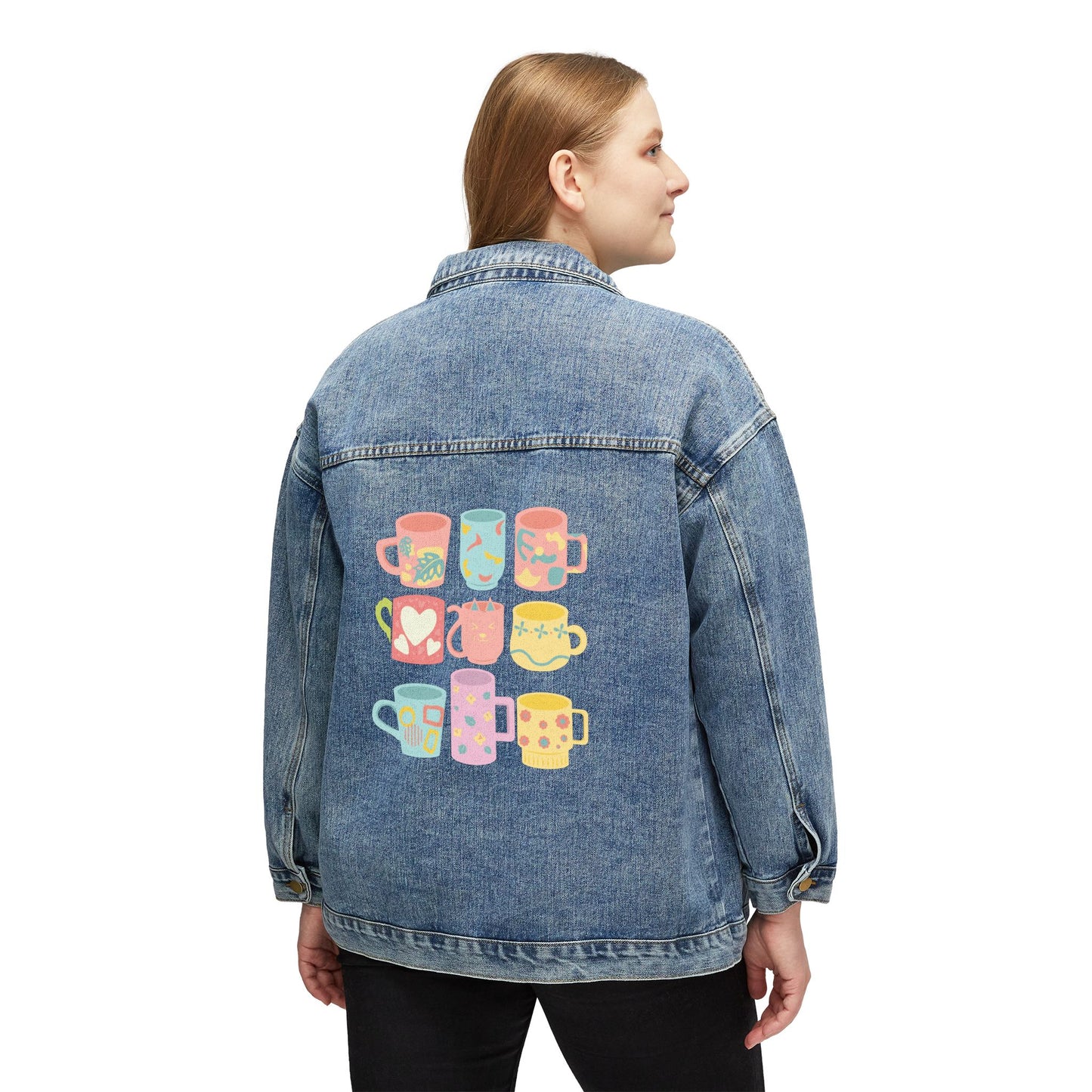 ☕🎨 Coffee Mugs Denim Jacket USA | Women’s Oversized Jean Jacket with Pastel Mugs