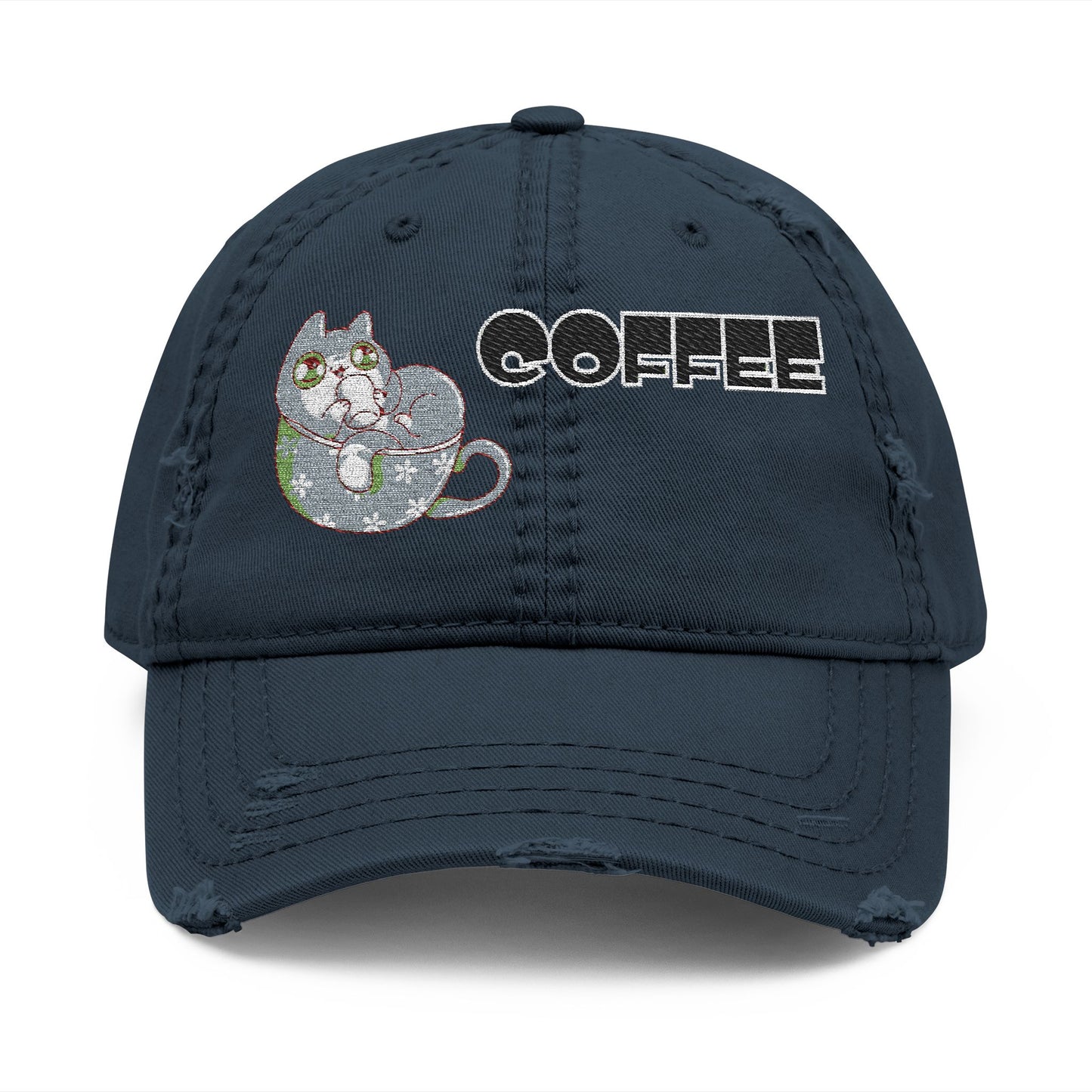Coffee Cat Distressed Dad Hat – Casual Embroidered Style (USA Only)