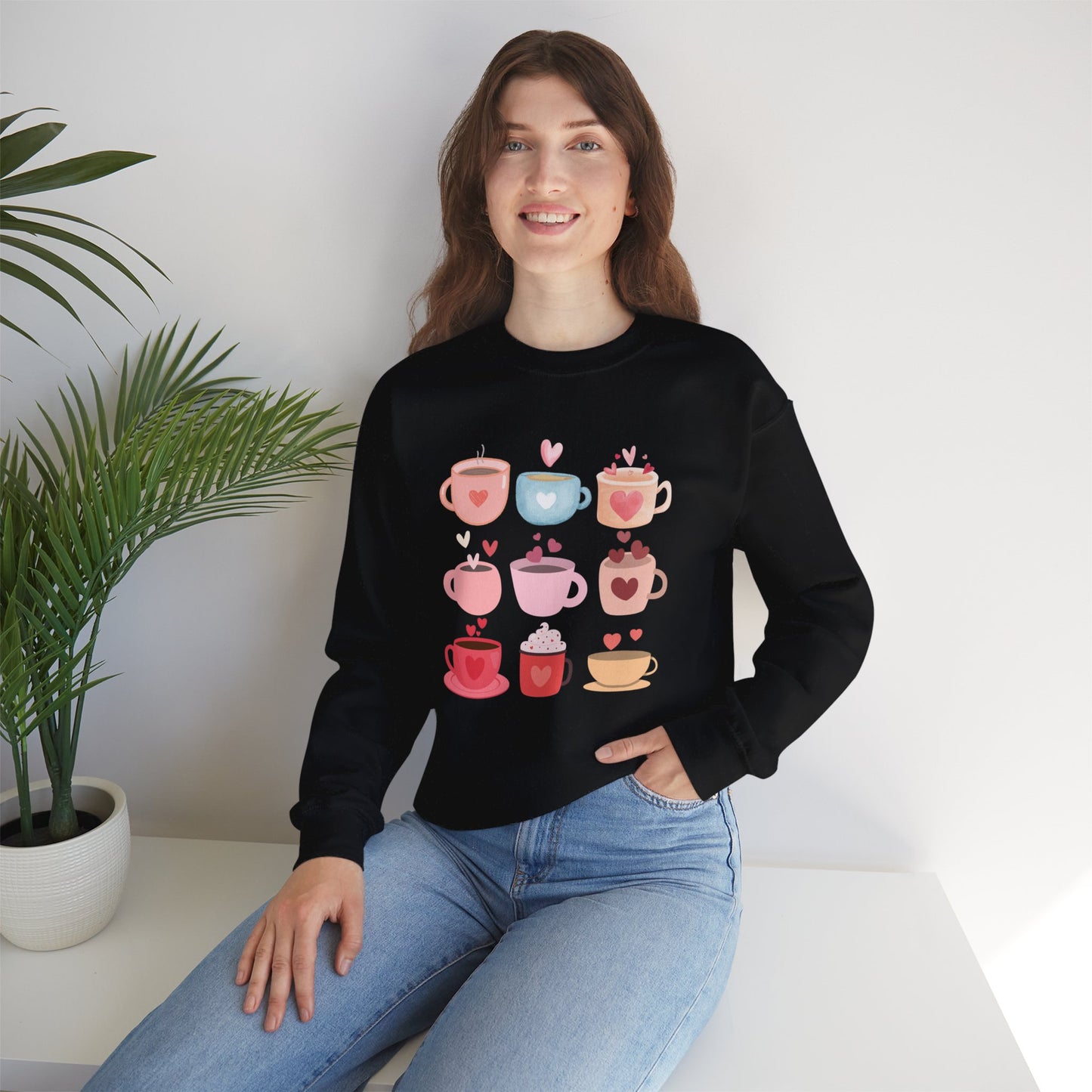 ☕ Valentine Coffee Cups Sweatshirt USA | Cute Unisex Sweater for Coffee Lovers