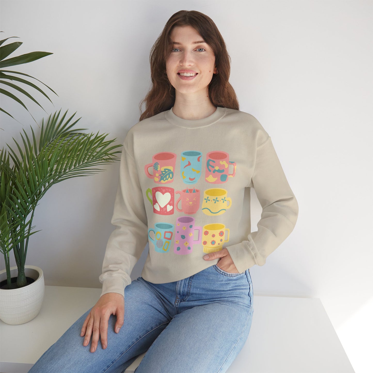 ☕ Pastel Coffee Mugs Sweatshirt USA | Colorful Unisex Sweater for Coffee Lovers