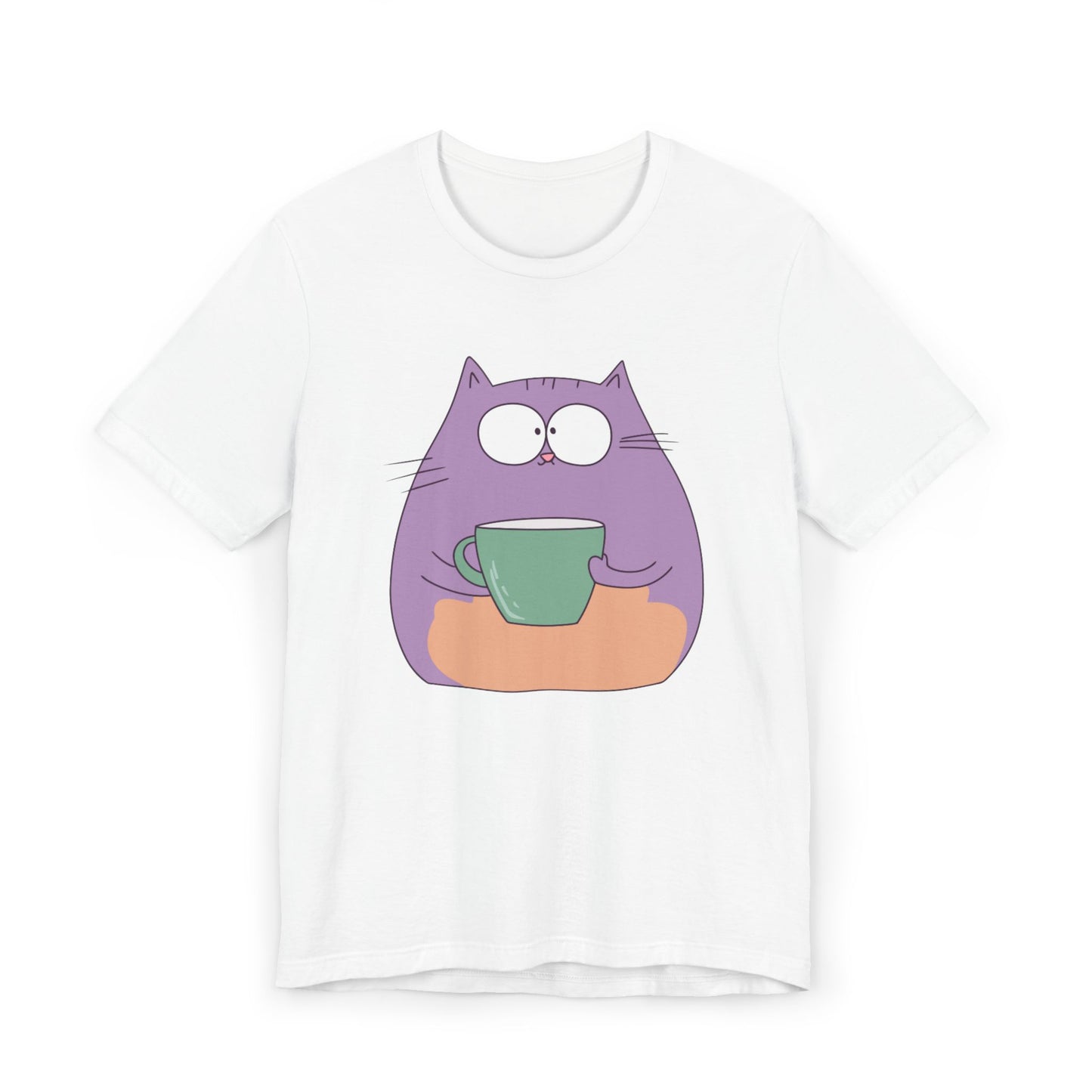 Purple Coffee Cat T-Shirt – Funny Cartoon Kitty with Coffee Mug Graphic Tee for Coffee Lovers (USA Only)