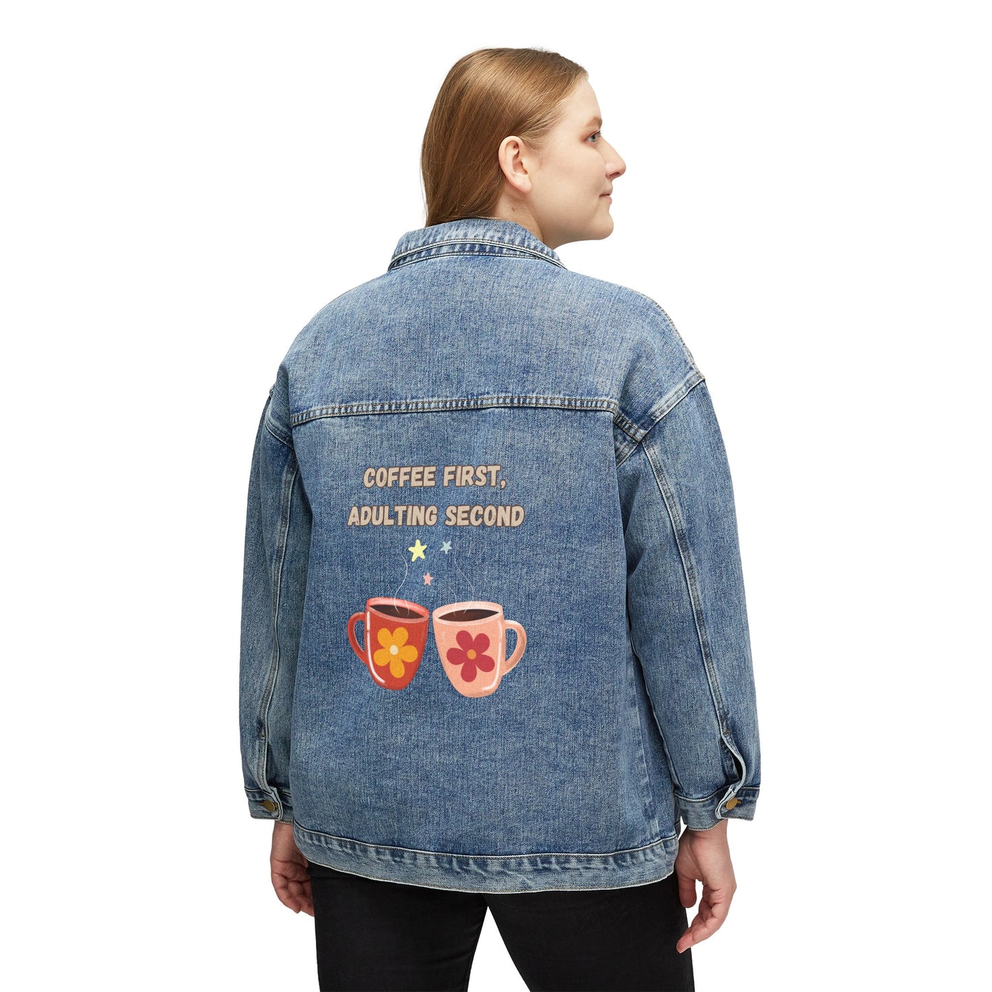 ☕✨ Coffee First Denim Jacket USA | Women’s Oversized Jean Jacket with Adulting Quote
