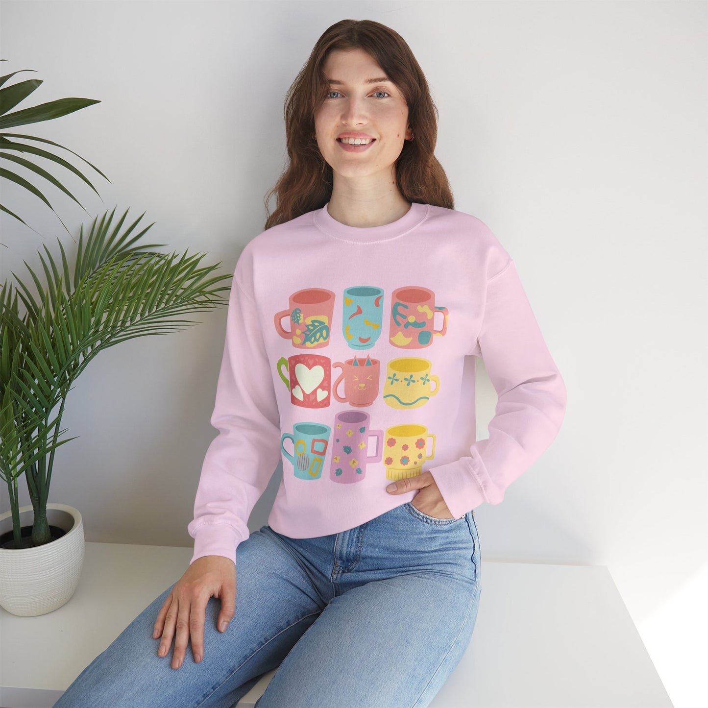 ☕ Pastel Coffee Mugs Sweatshirt USA | Colorful Unisex Sweater for Coffee Lovers