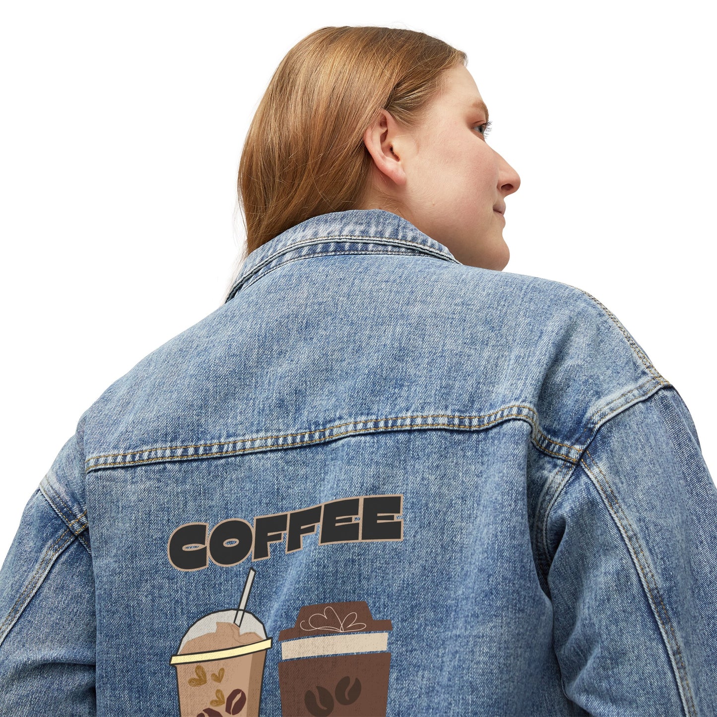 ☕👖 Coffee Cups Denim Jacket USA | Oversized Jean Jacket with Coffee Design