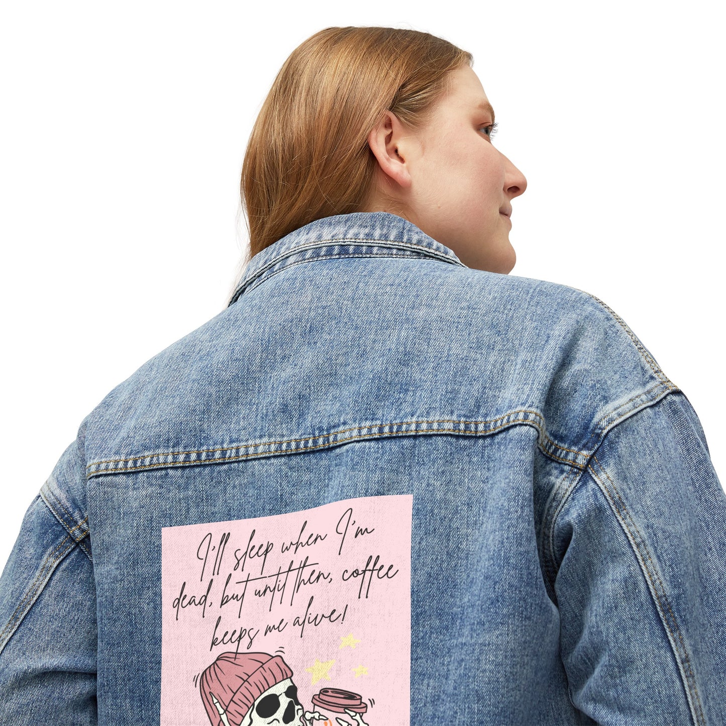 💀☕ Coffee Keeps Me Alive Denim Jacket USA | Oversized Jean Jacket with Skull & Quote