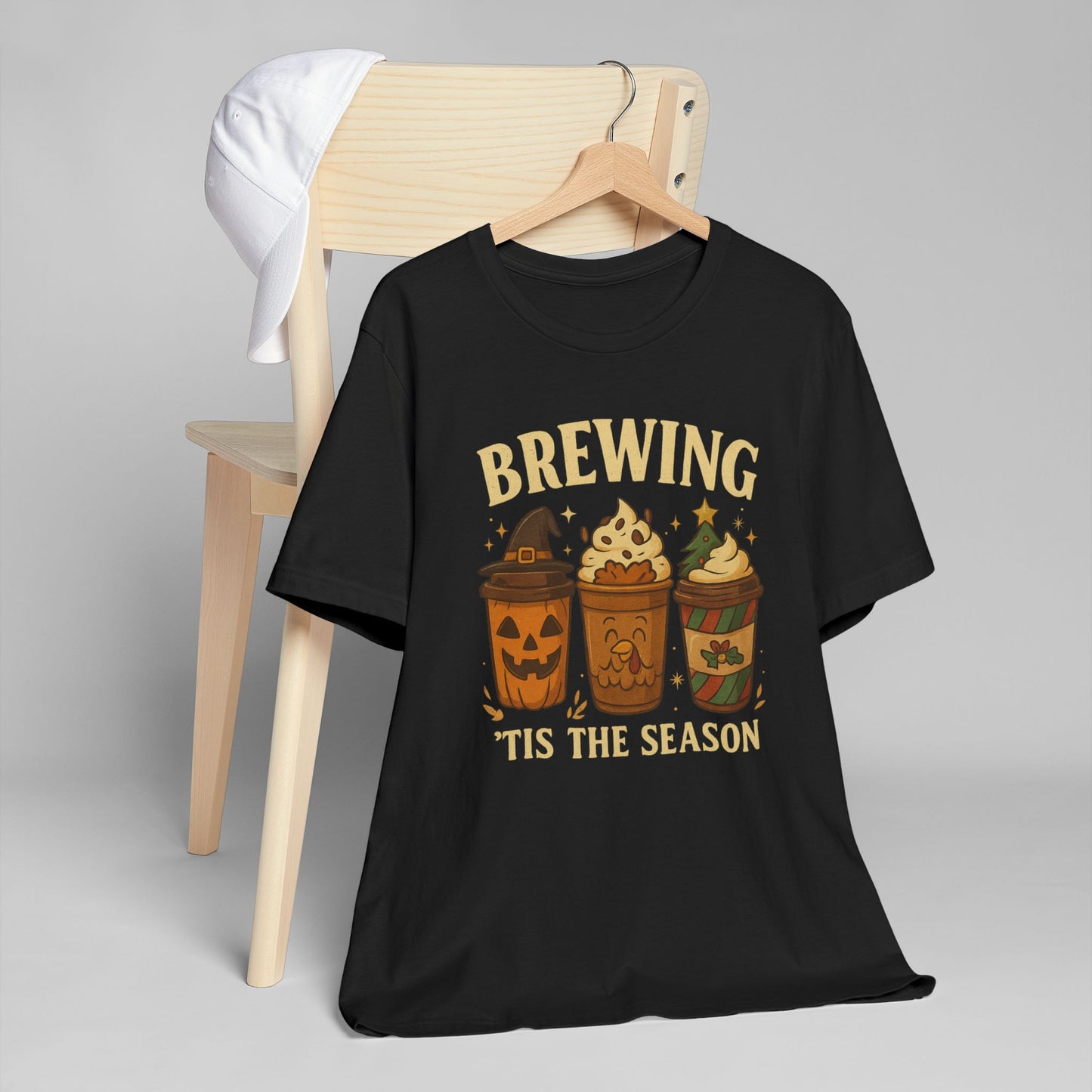 🎃🎄 Brewing ’Tis the Season Unisex T-Shirt USA | Holiday Coffee Tee