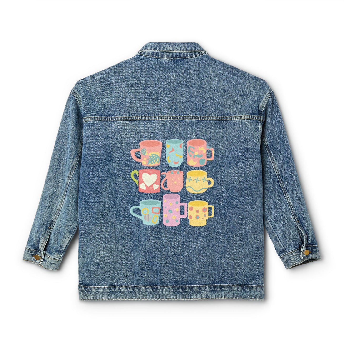 ☕🎨 Coffee Mugs Denim Jacket USA | Women’s Oversized Jean Jacket with Pastel Mugs