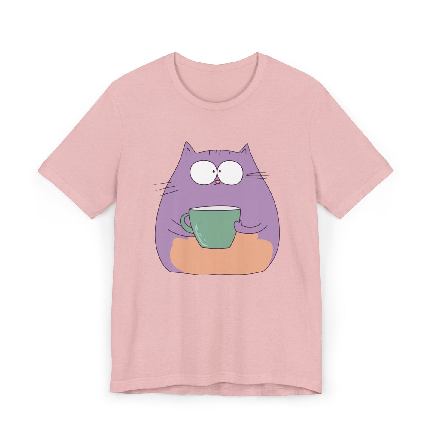 Purple Coffee Cat T-Shirt – Funny Cartoon Kitty with Coffee Mug Graphic Tee for Coffee Lovers (USA Only)