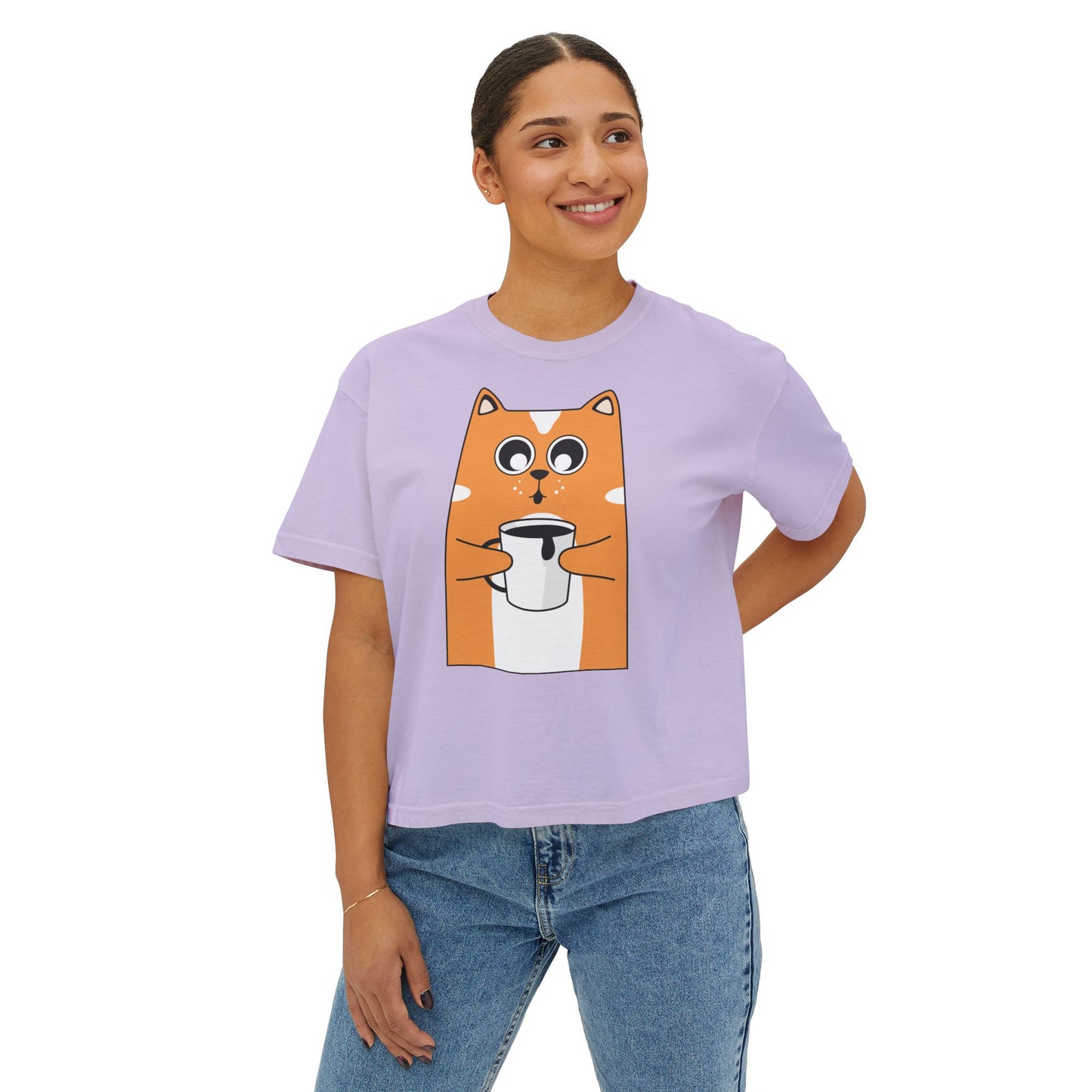 Cute Cat Boxy Tee, Women's Casual Top, Funny Animal Shirt, Gift for Cat Lovers, Lightweight Cotton Tee
