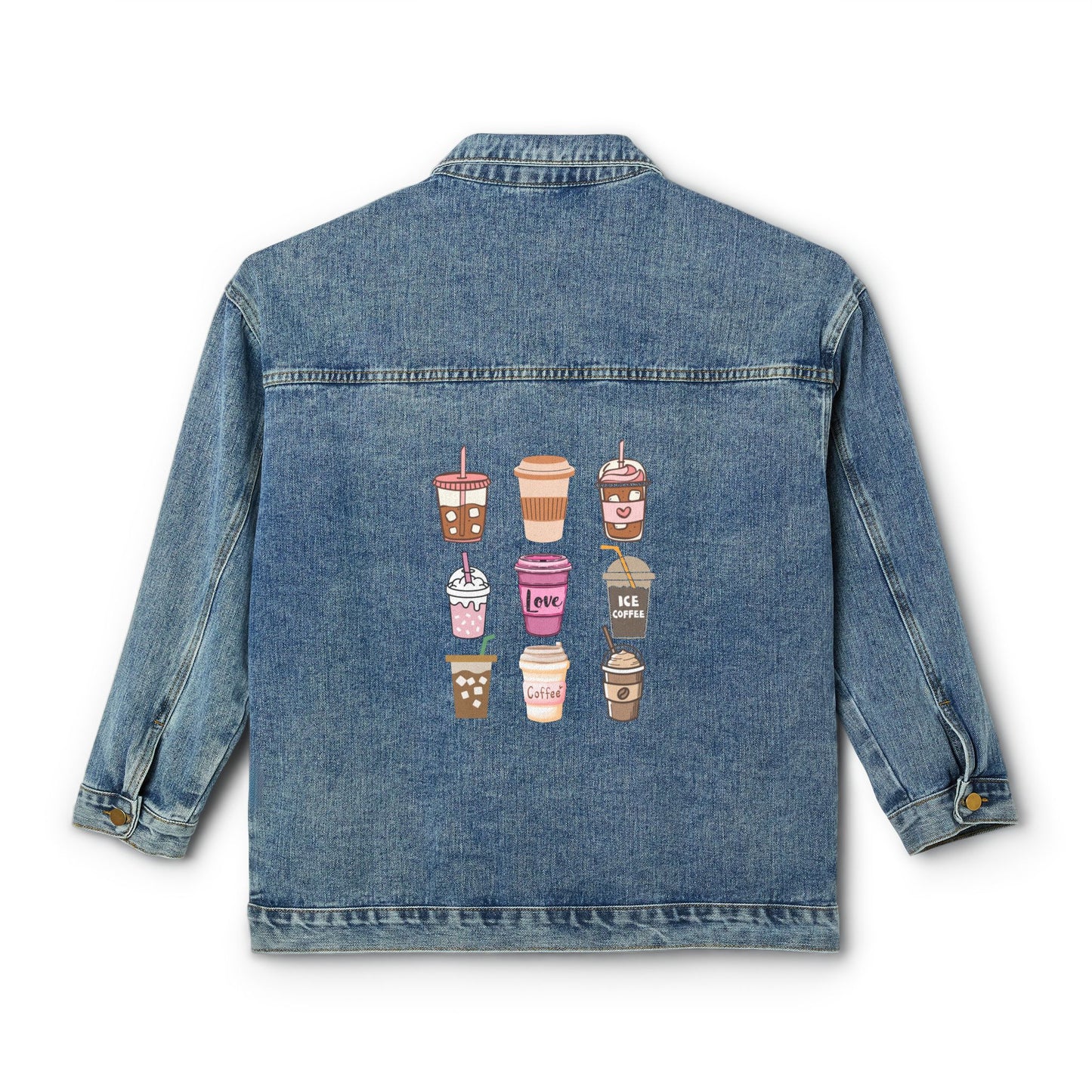 🥤☕ Coffee Drinks Denim Jacket USA | Women’s Oversized Jean Jacket with Iced & Hot Cups