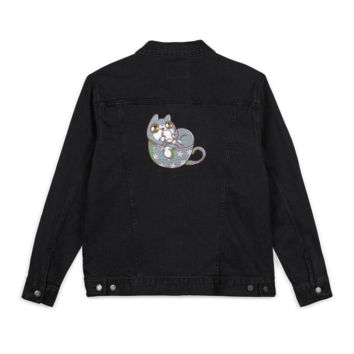 Cozy Cat Coffee Denim Jacket – Unisex Embroidered Style (USA Only)