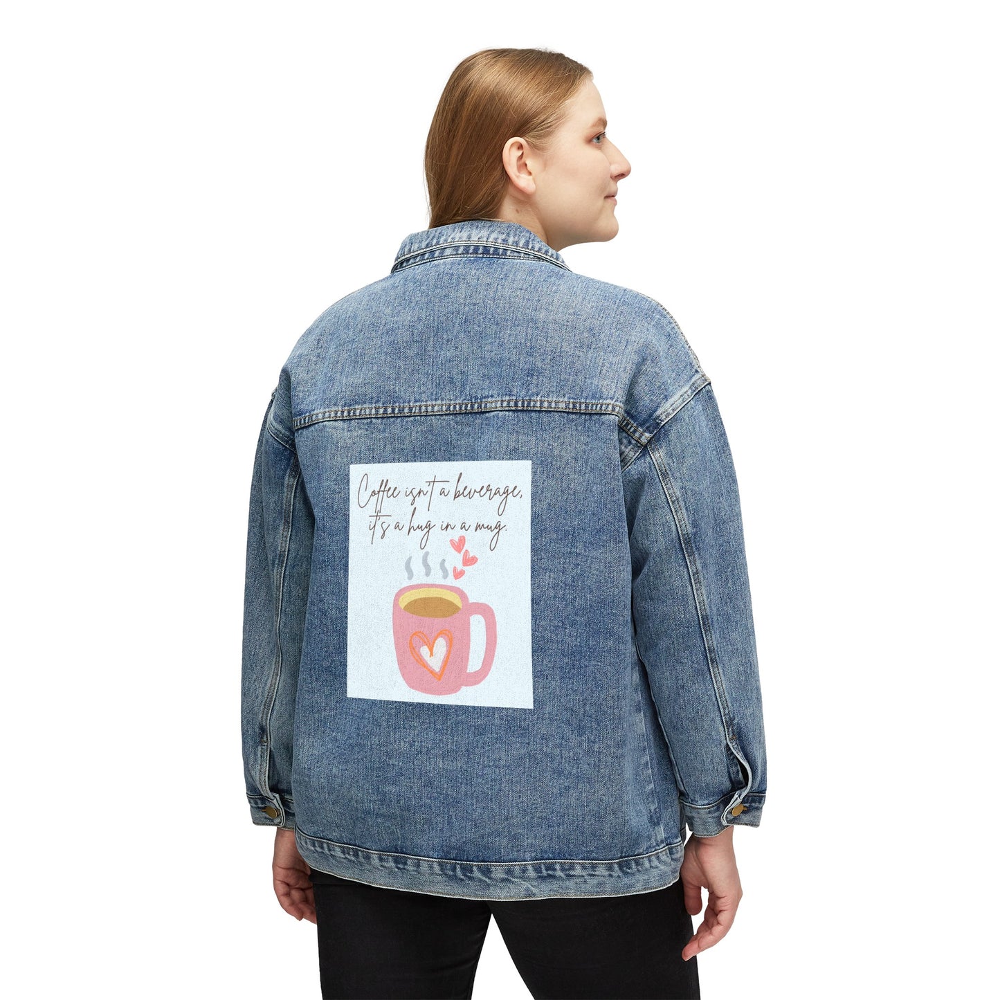 ☕💖 Coffee Hug in a Mug Denim Jacket USA | Women’s Oversized Jean Jacket with Quote