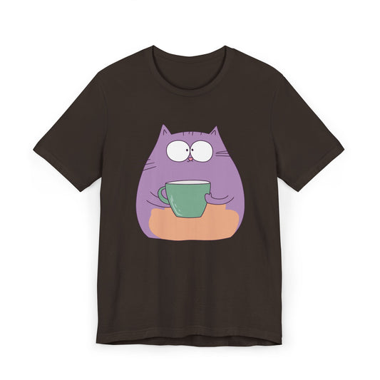 Purple Coffee Cat T-Shirt – Funny Cartoon Kitty with Coffee Mug Graphic Tee for Coffee Lovers (USA Only)