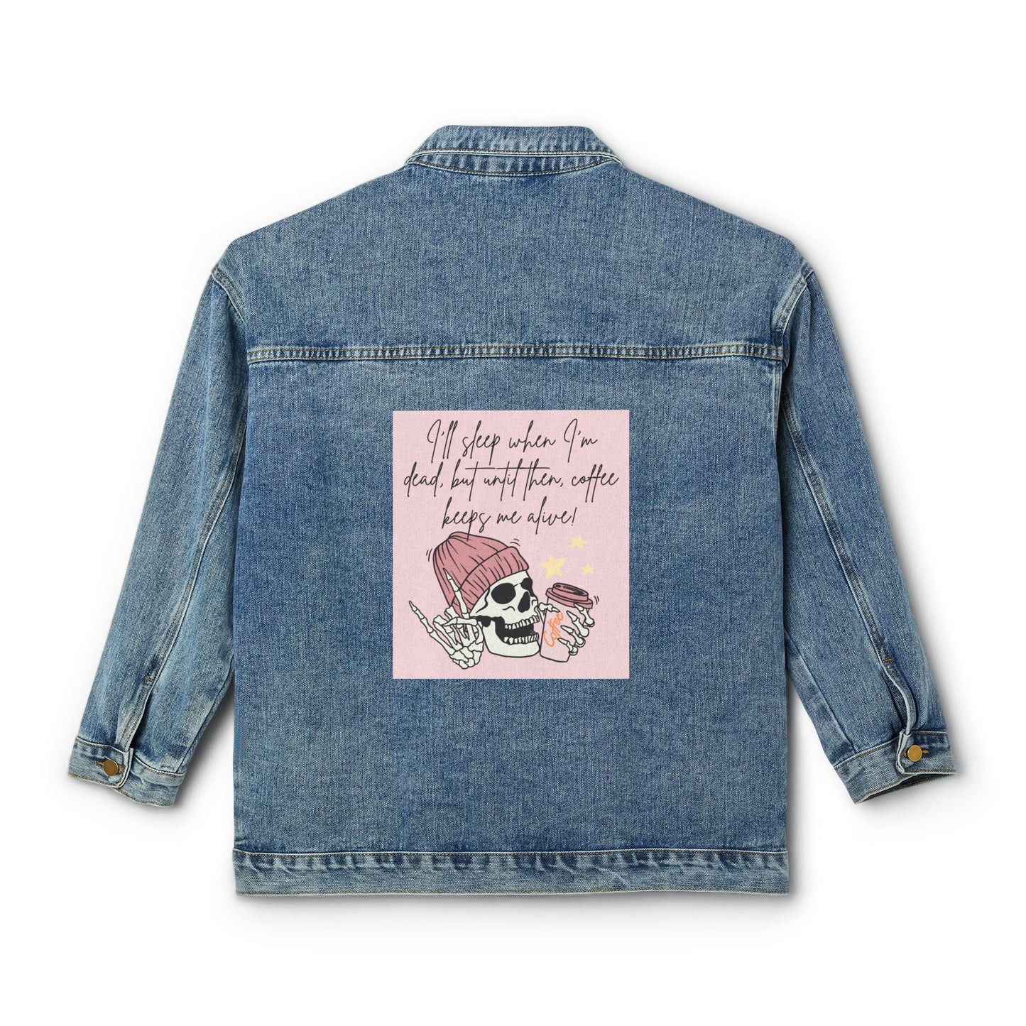 💀☕ Coffee Keeps Me Alive Denim Jacket USA | Oversized Jean Jacket with Skull & Quote