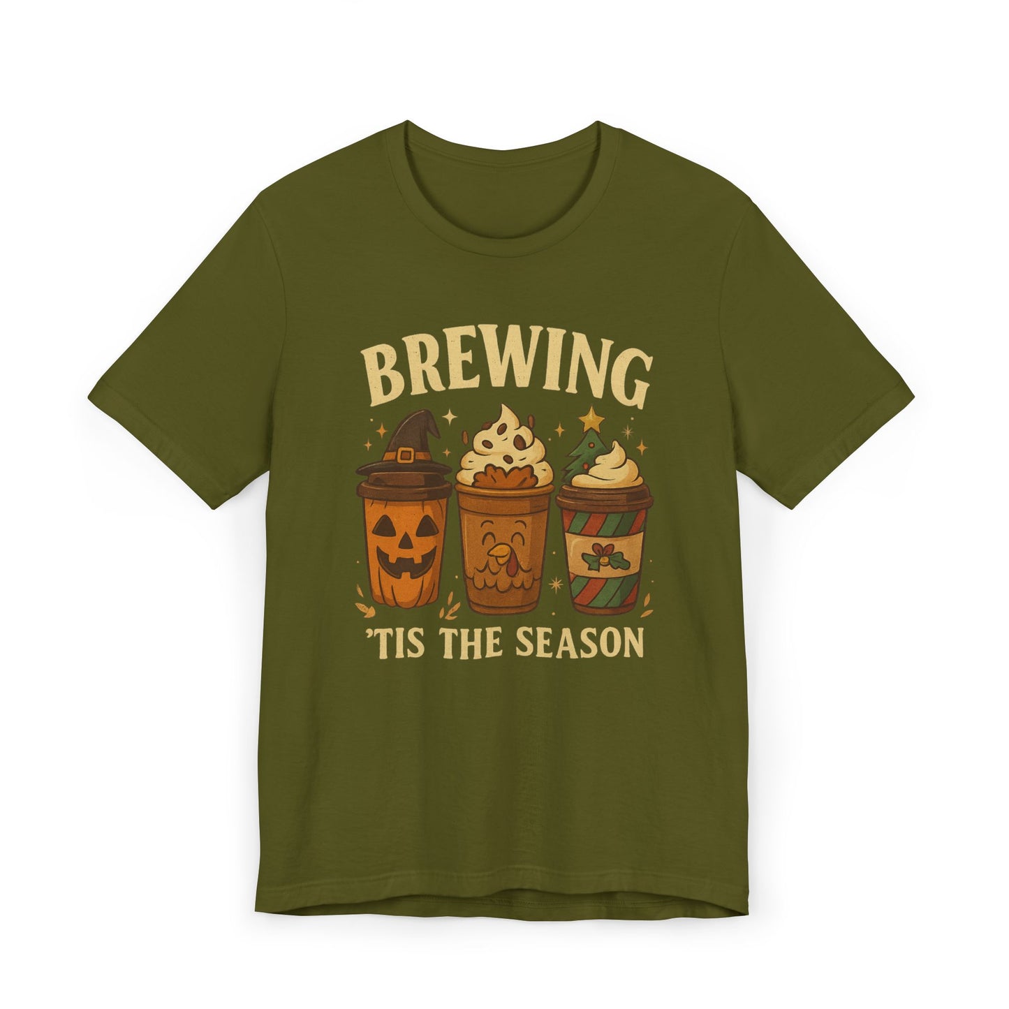 🎃🎄 Brewing ’Tis the Season Unisex T-Shirt USA | Holiday Coffee Tee
