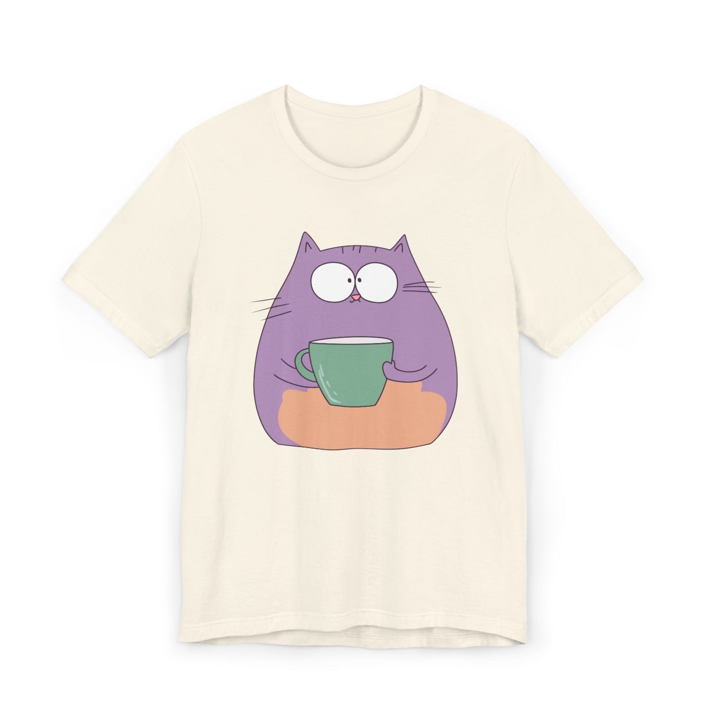 Purple Coffee Cat T-Shirt – Funny Cartoon Kitty with Coffee Mug Graphic Tee for Coffee Lovers (USA Only)
