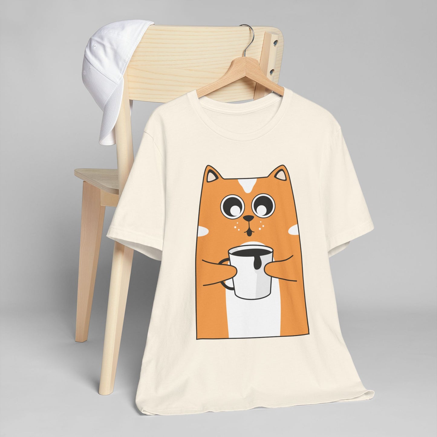 Coffee Cat T-Shirt – Cute Cartoon Cat with Coffee Cup Graphic Tee for Coffee Lovers (USA Only)