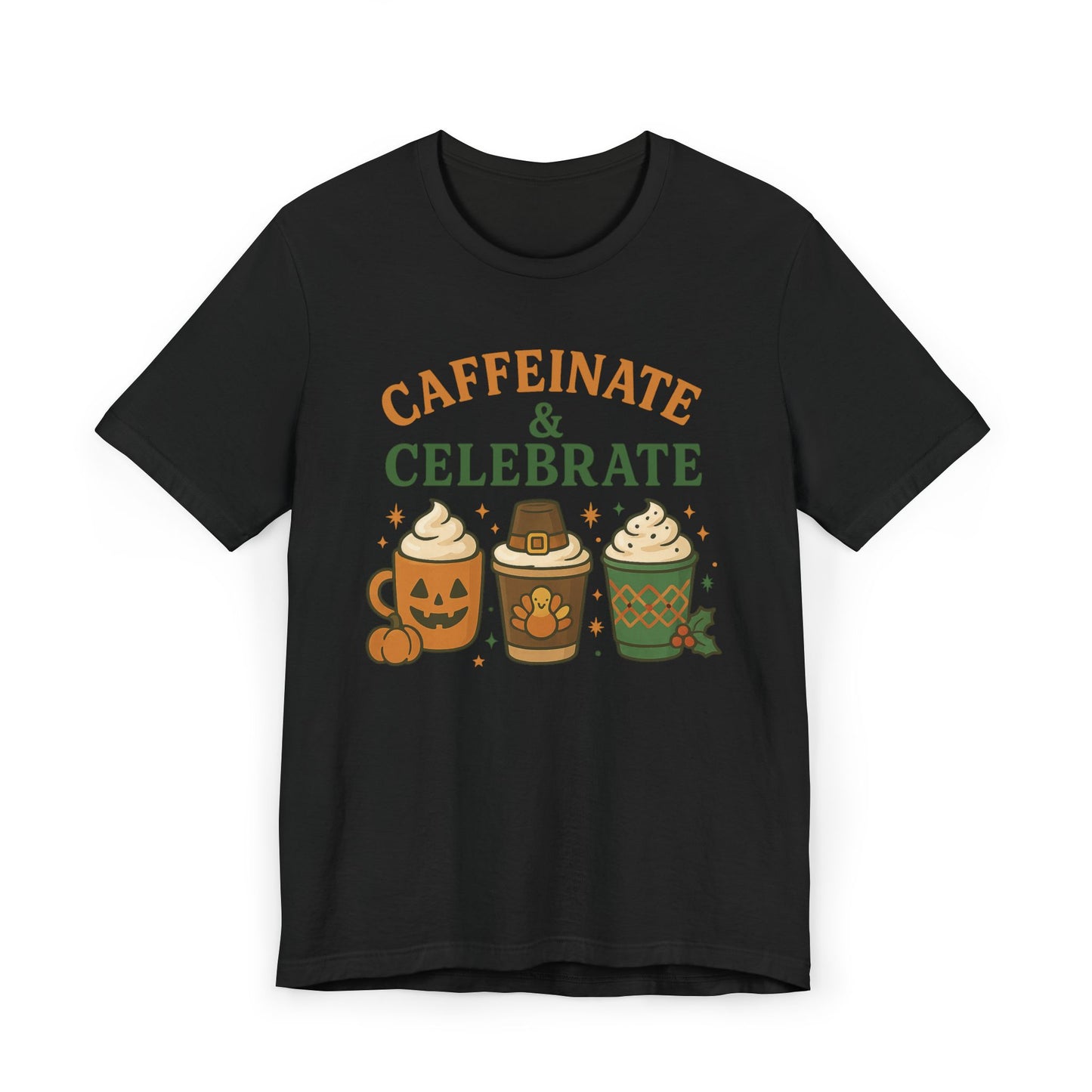 ππ¦π Caffeinate & Celebrate Unisex T-Shirt USA | Holiday Coffee Tee