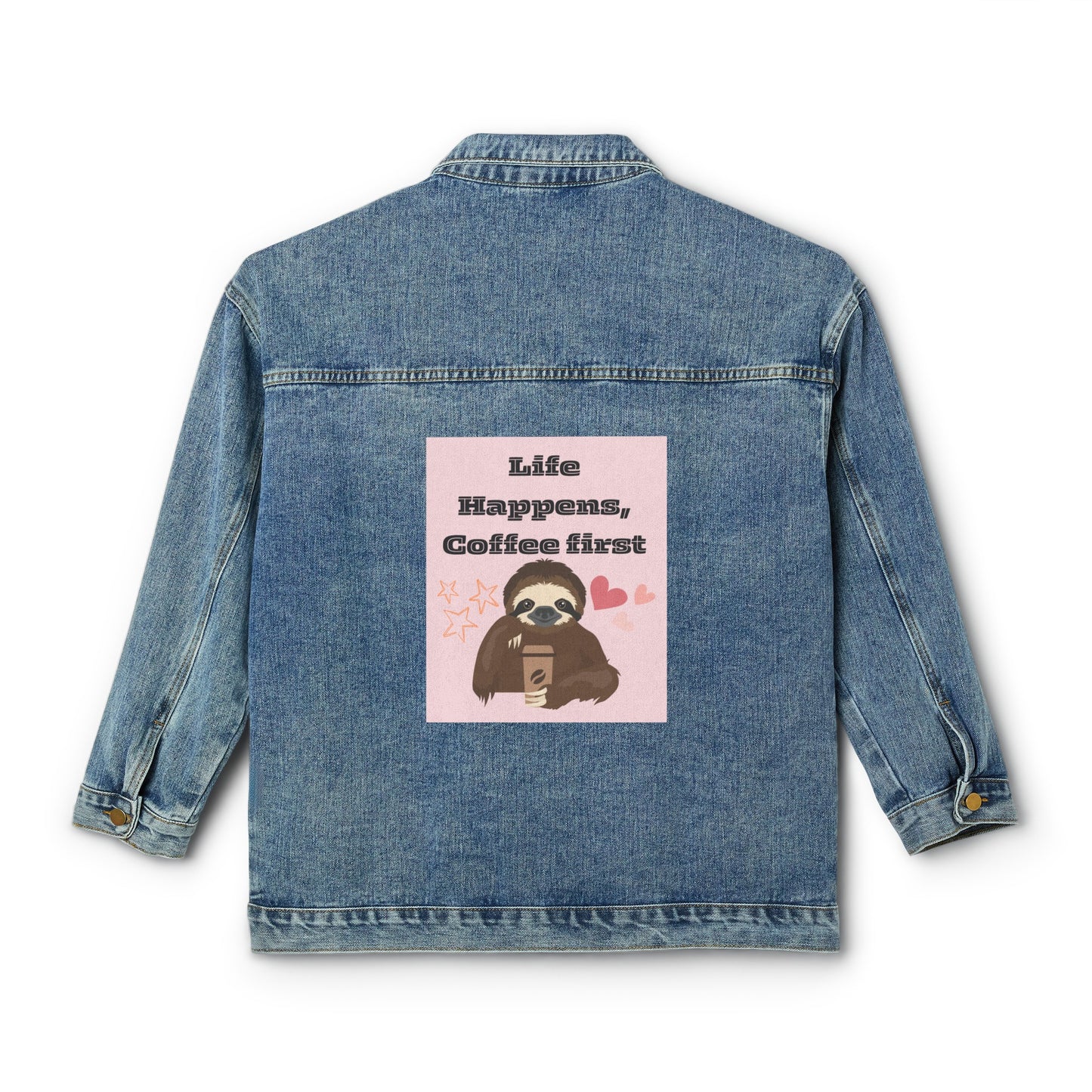 ☕👖 Life Happens Coffee First Denim Jacket USA | Oversized Jean Jacket for Coffee Lovers