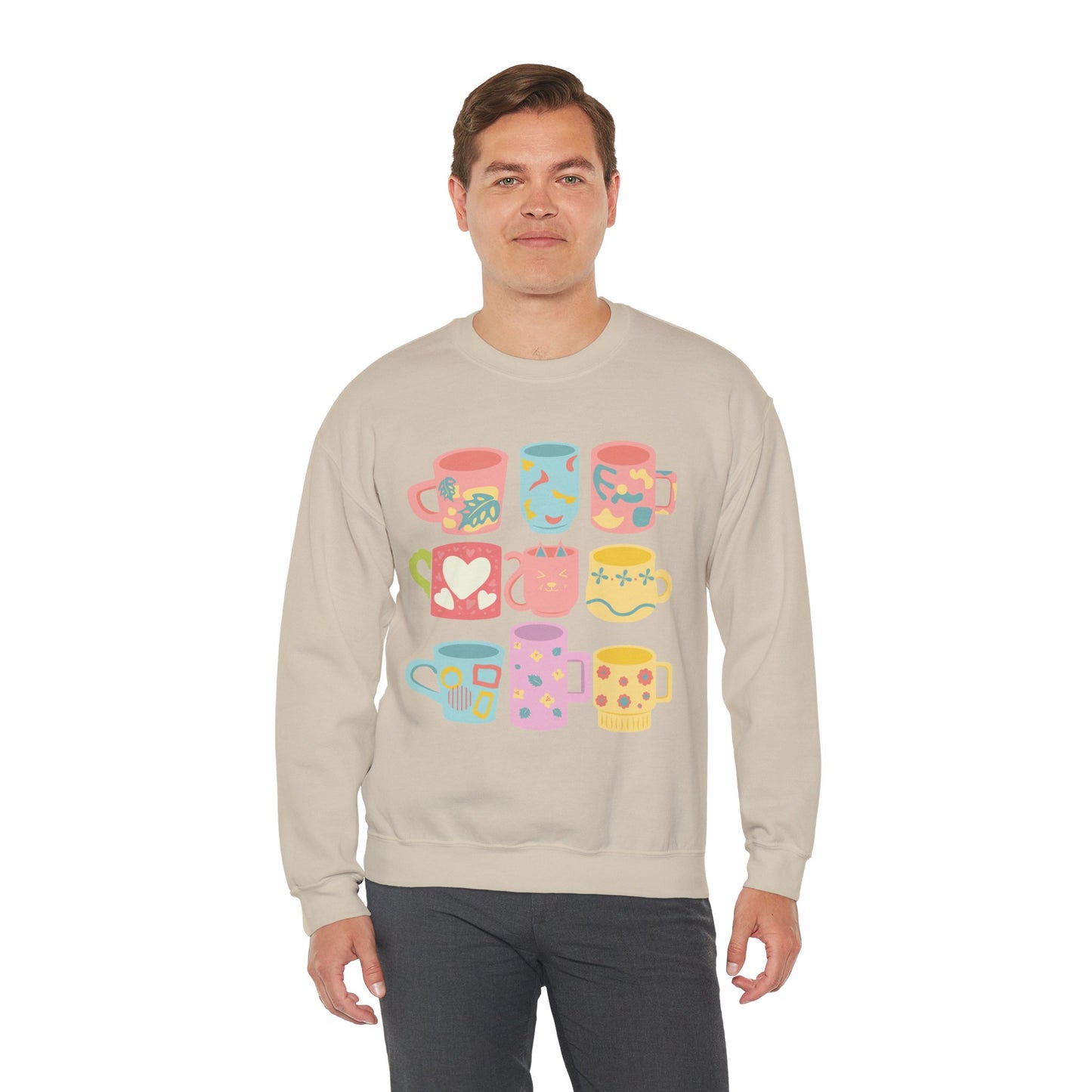 ☕ Pastel Coffee Mugs Sweatshirt USA | Colorful Unisex Sweater for Coffee Lovers