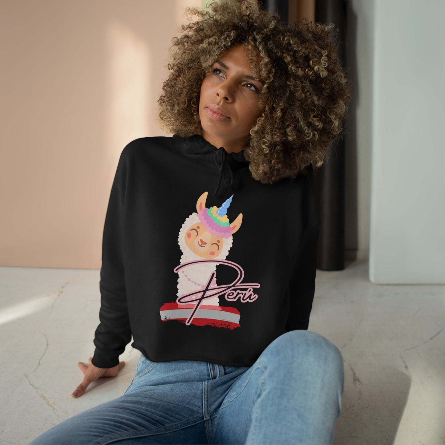 Peruvian Crop Hoodie "Llama Rainbow"
