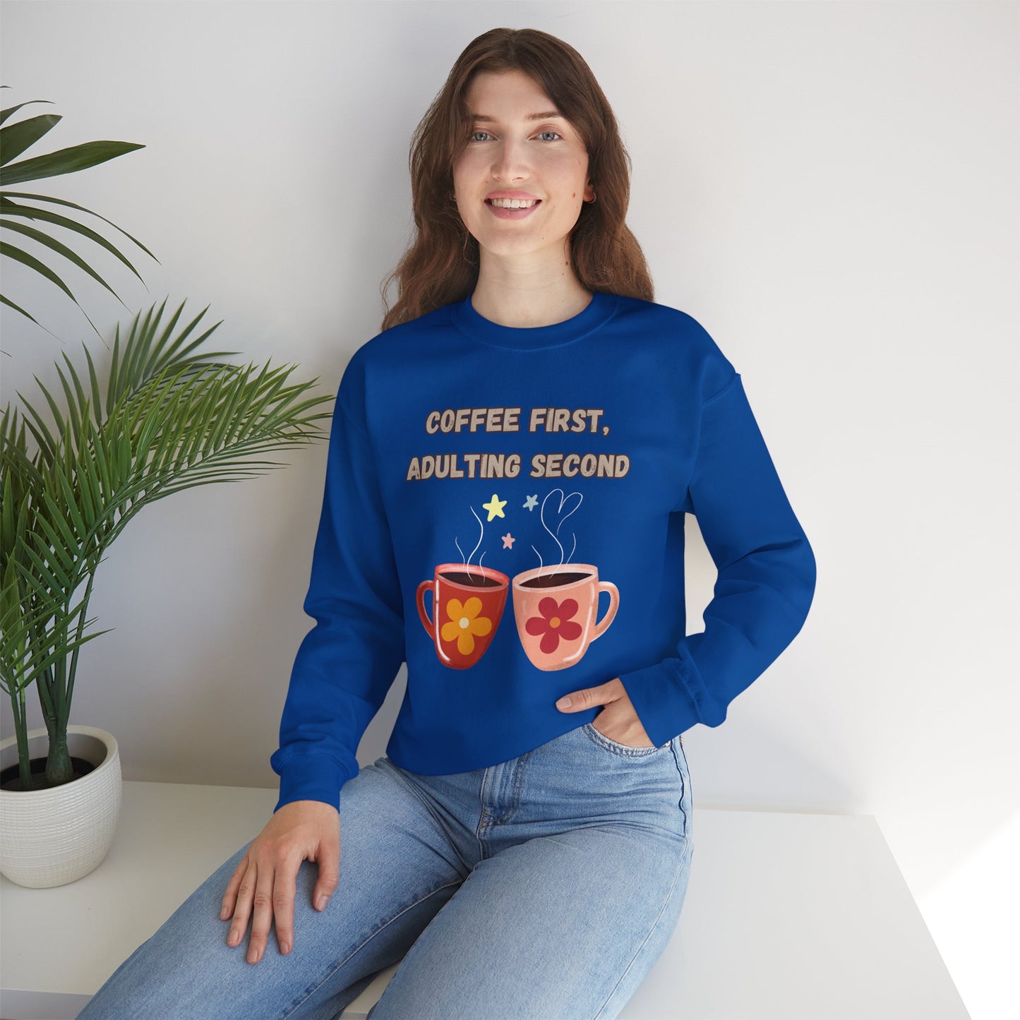 ☕ Coffee First Adulting Second Sweatshirt USA | Fun Unisex Sweater for Coffee Lovers