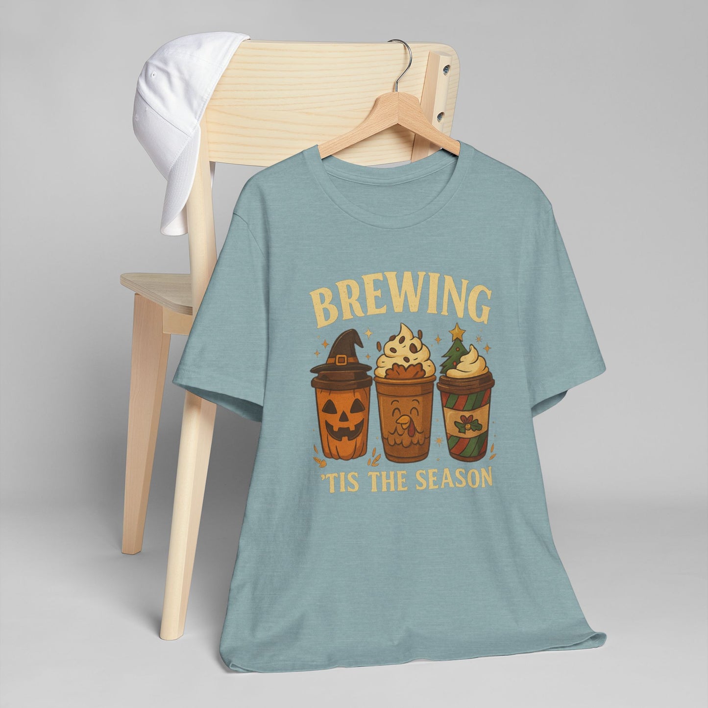 🎃🎄 Brewing ’Tis the Season Unisex T-Shirt USA | Holiday Coffee Tee
