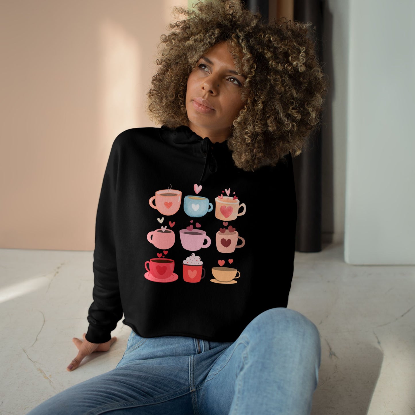 Best Coffee Cropped Hoodie "Coffee Mugs Hearts"