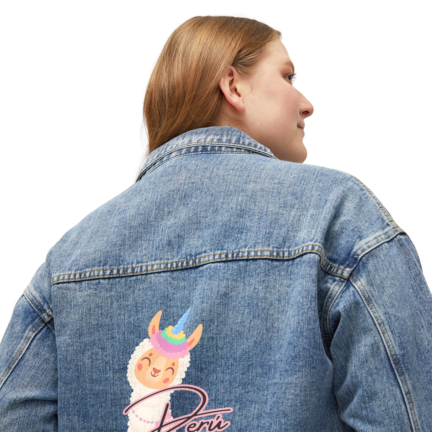 Peruvian Women's Denim Jacket "Llama Rainbow"