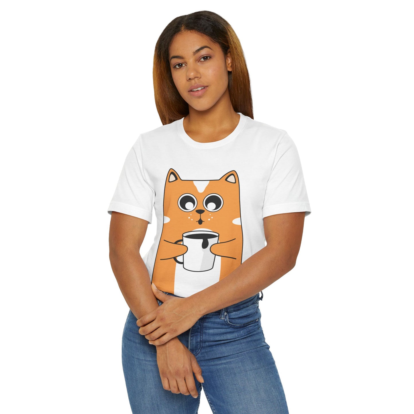 Coffee Cat T-Shirt – Cute Cartoon Cat with Coffee Cup Graphic Tee for Coffee Lovers (USA Only)